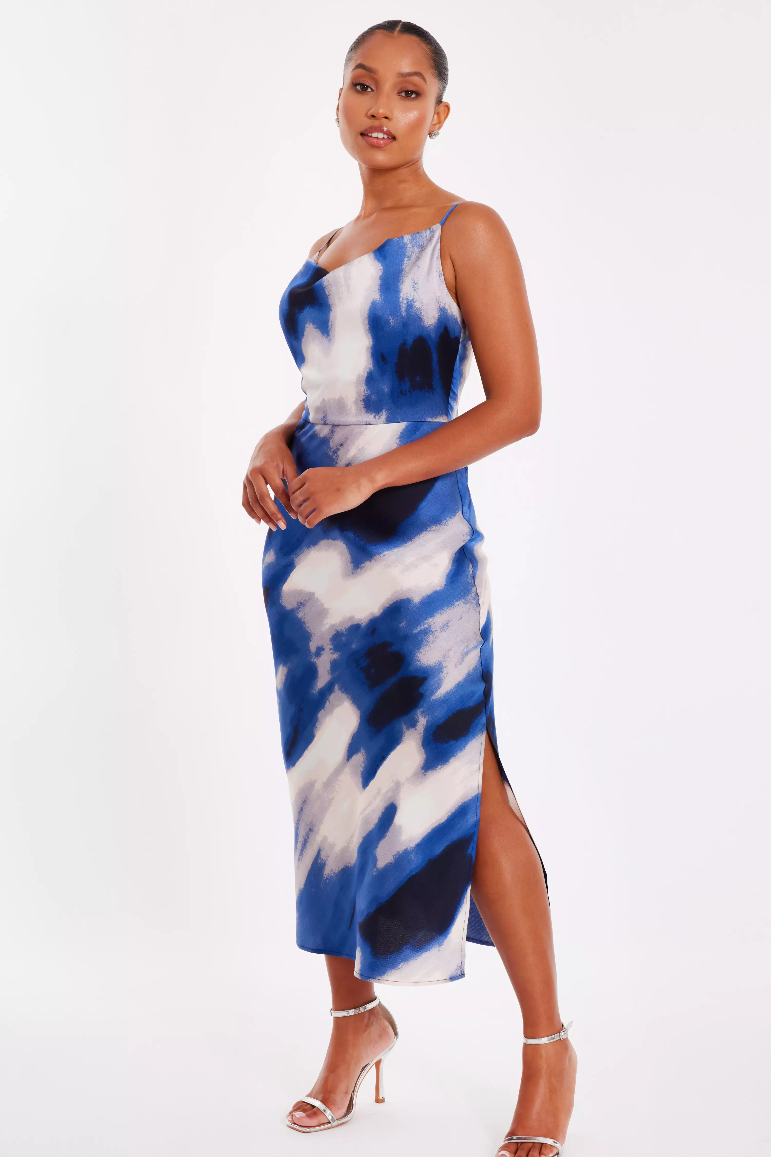 Petite Blue Satin Marble Midaxi Dress