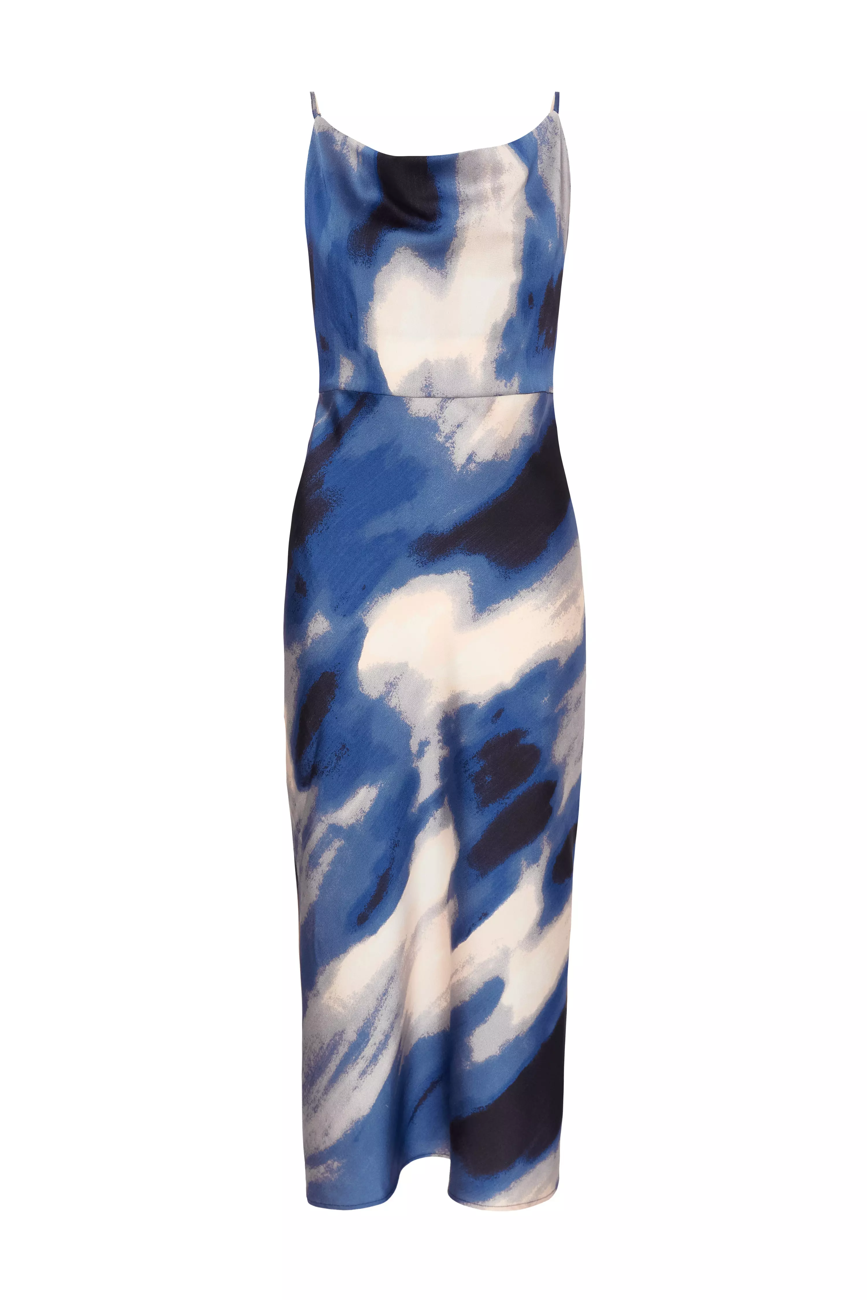 Petite Blue Satin Marble Midaxi Dress