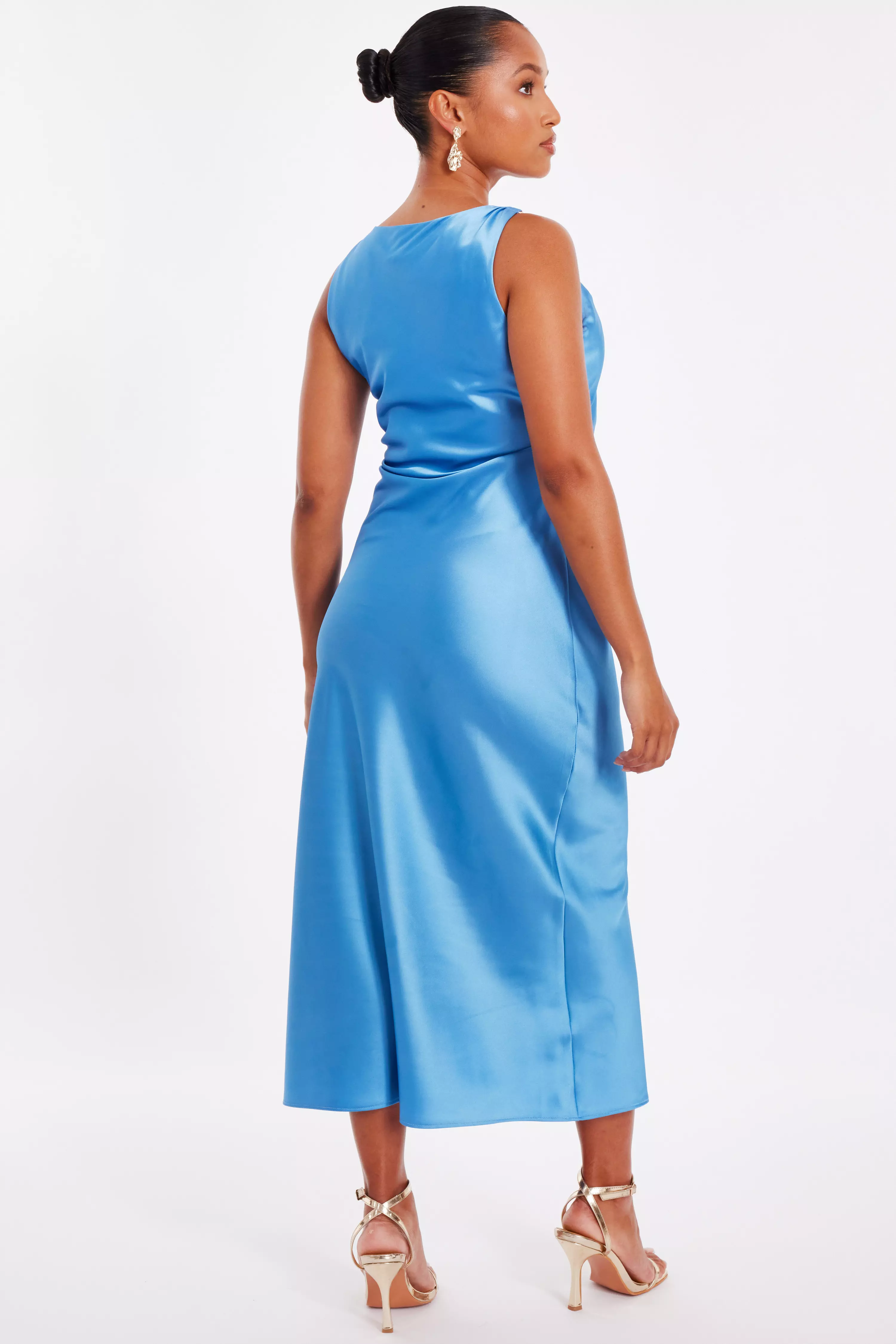 Petite Blue Satin Ruched Midaxi Dress