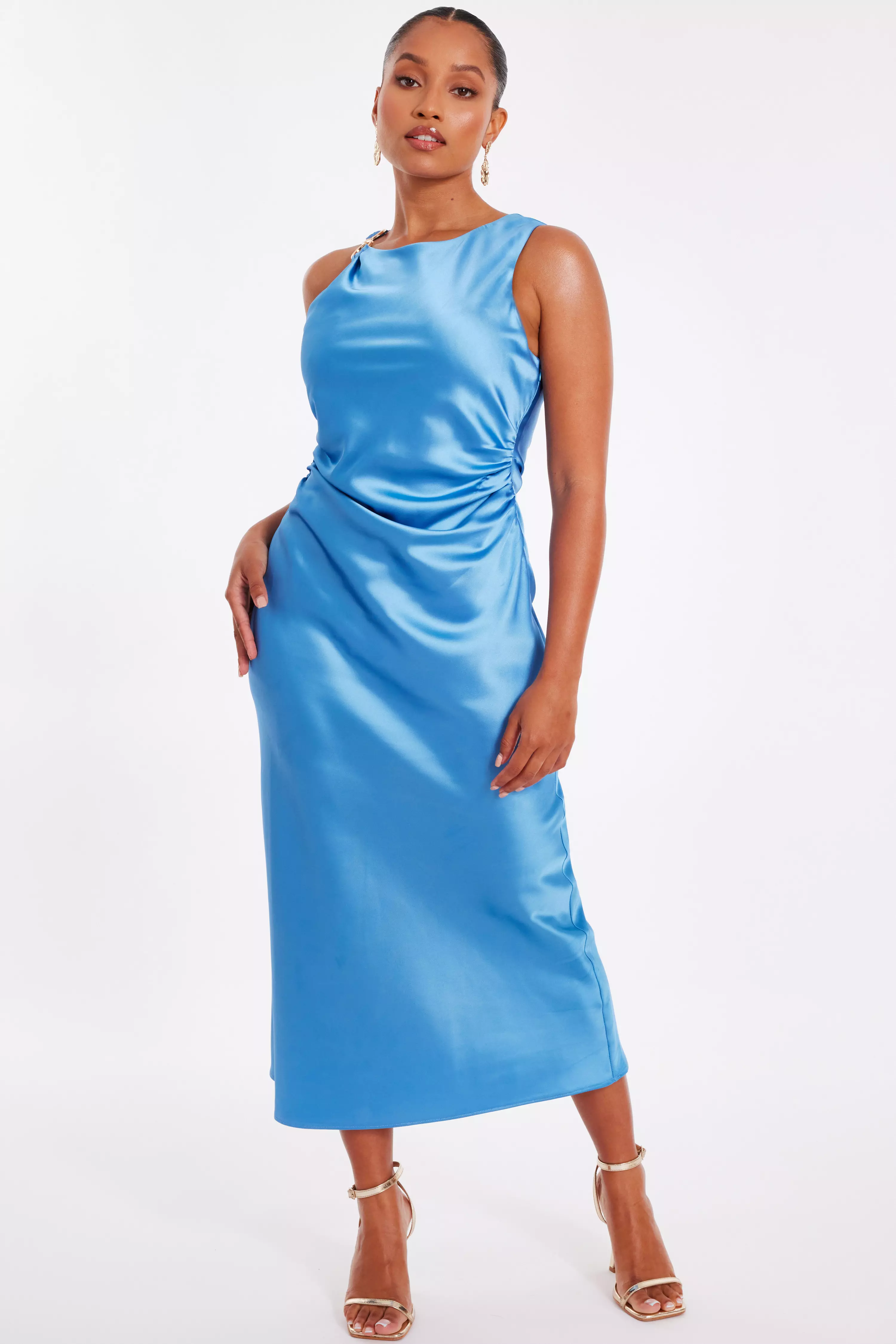 Petite Blue Satin Ruched Midaxi Dress