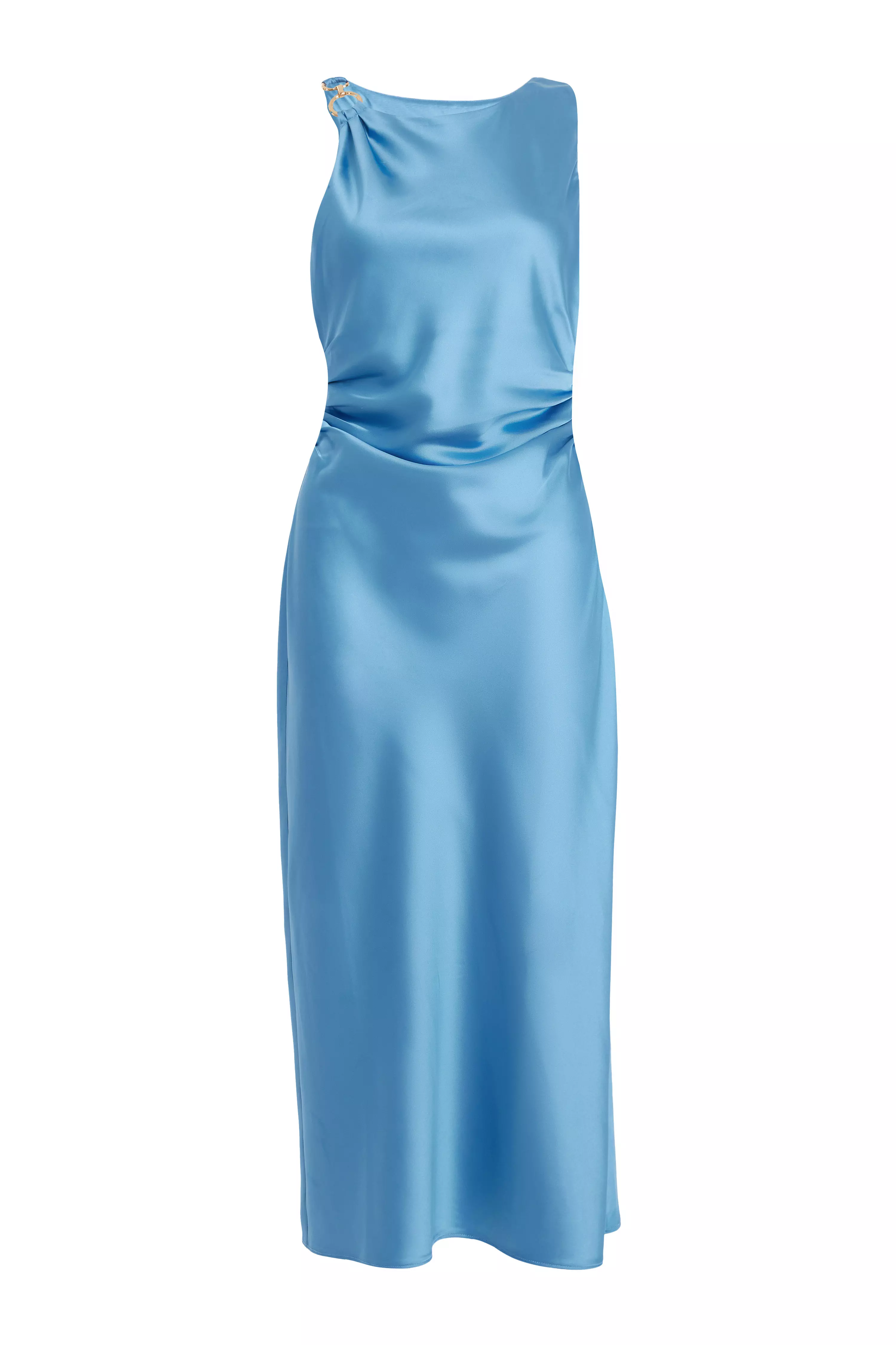Petite Blue Satin Ruched Midaxi Dress