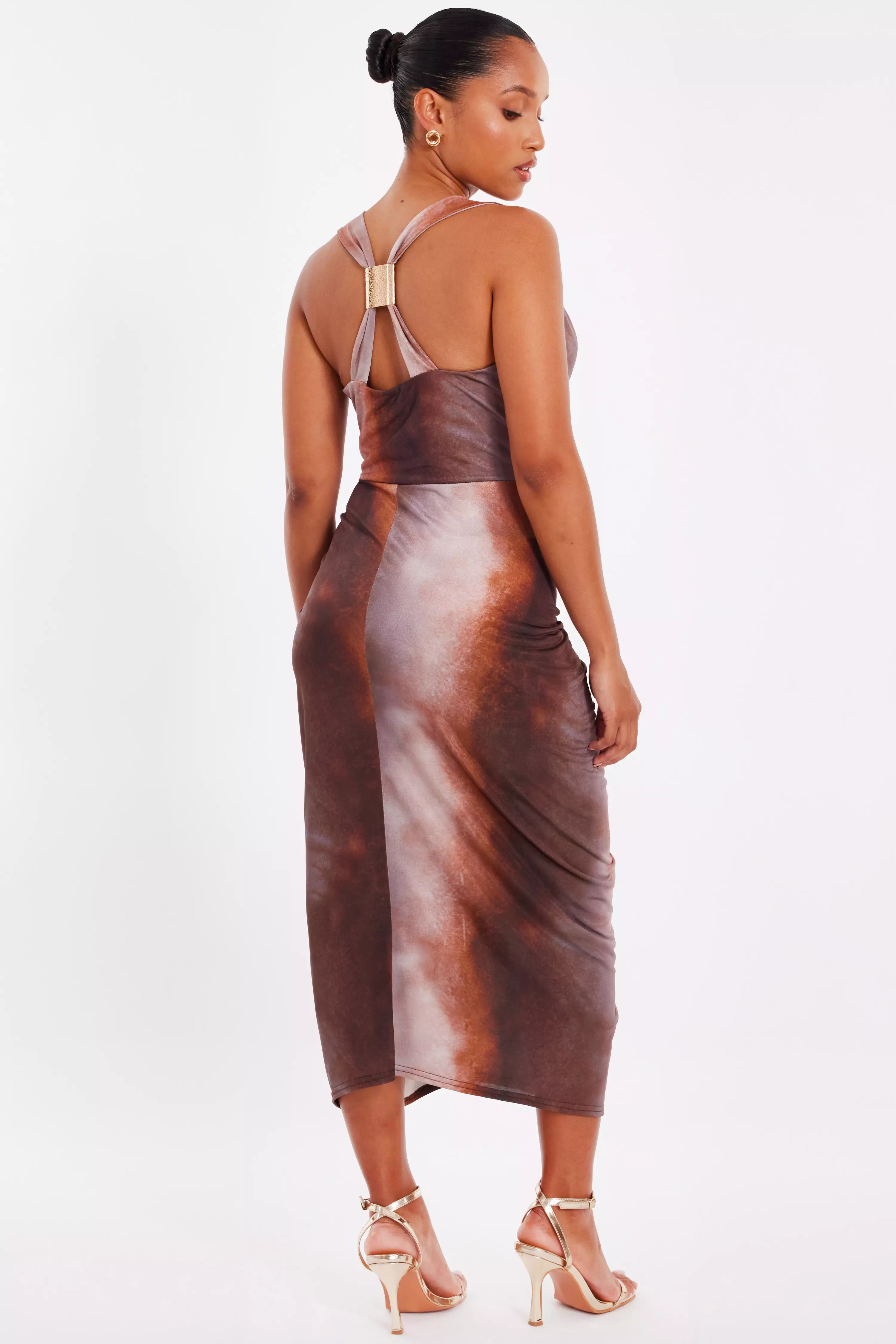 Petite Brown Ruched Side Midi Dress