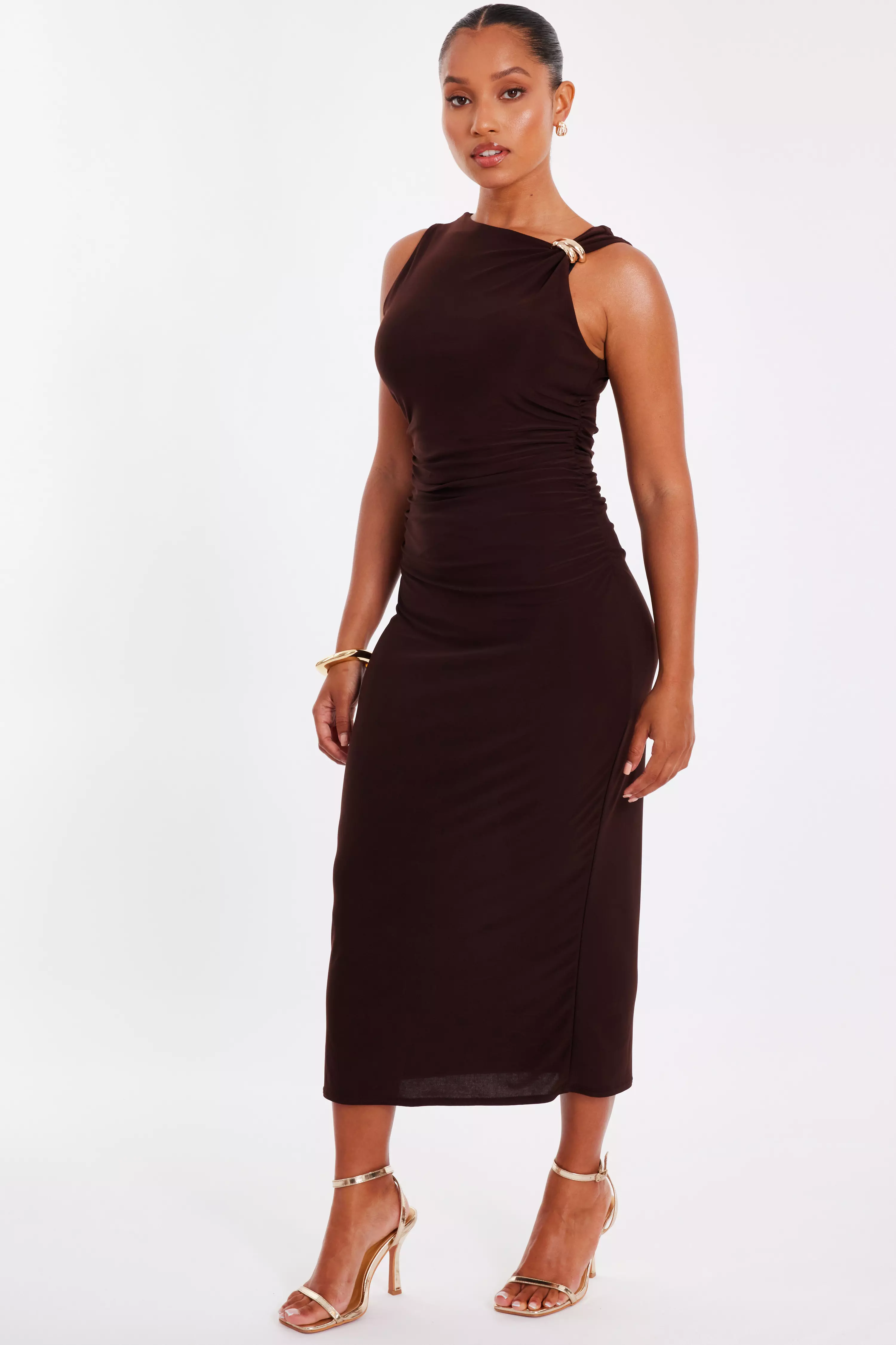 Petite Brown Gold Buckle Midaxi Dress