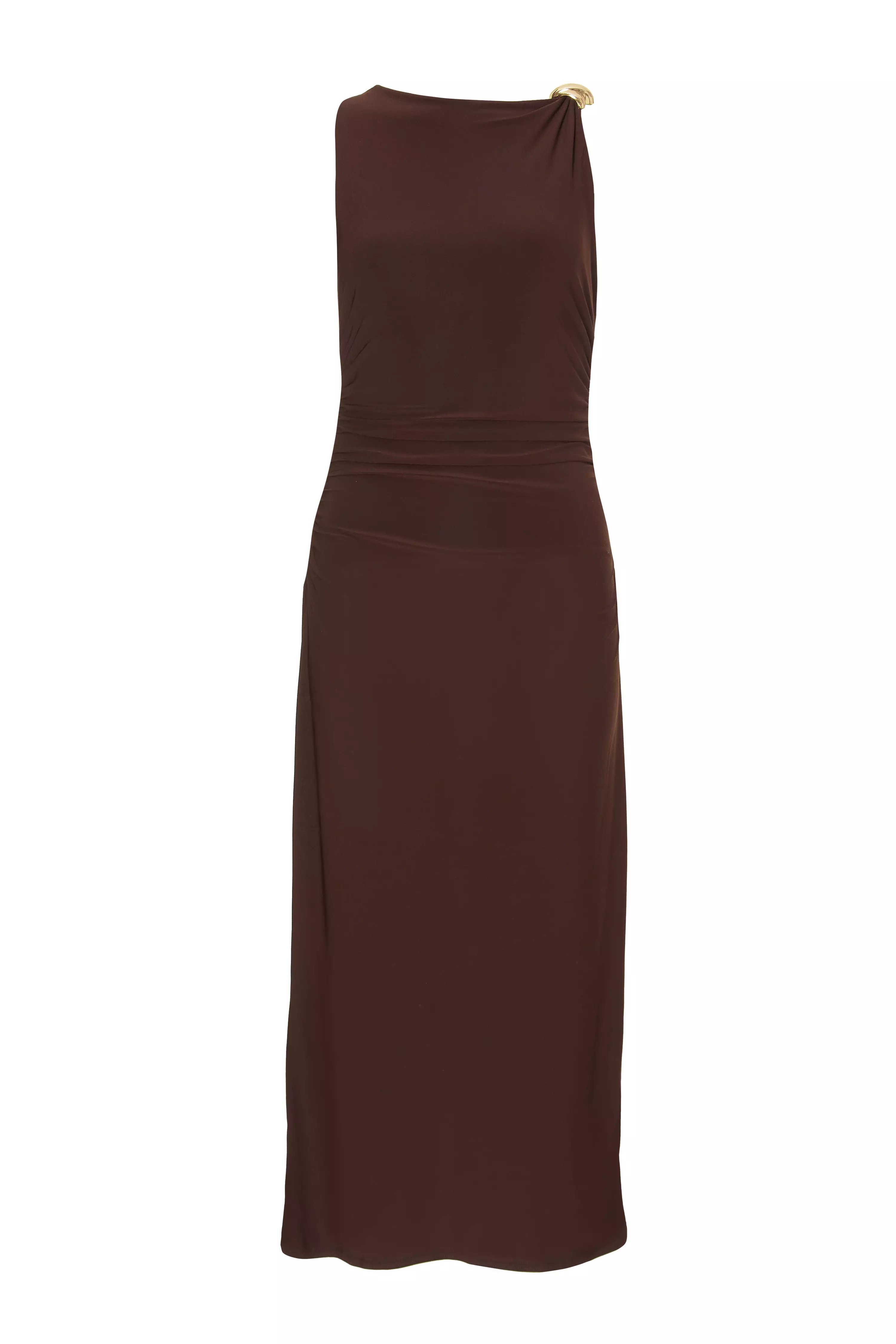 Petite Brown Gold Buckle Midaxi Dress