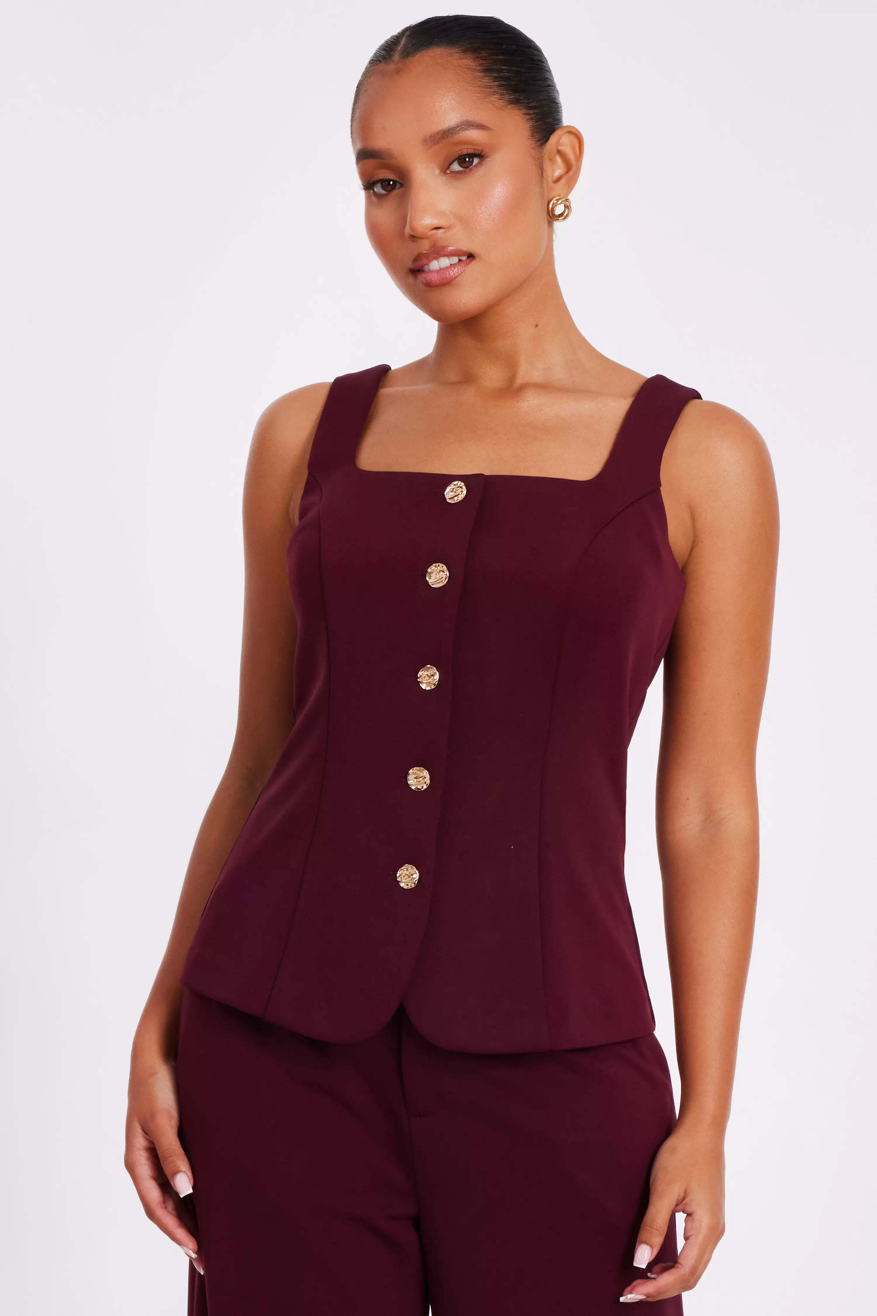 Petite Dark Red Button Front Waistcoat