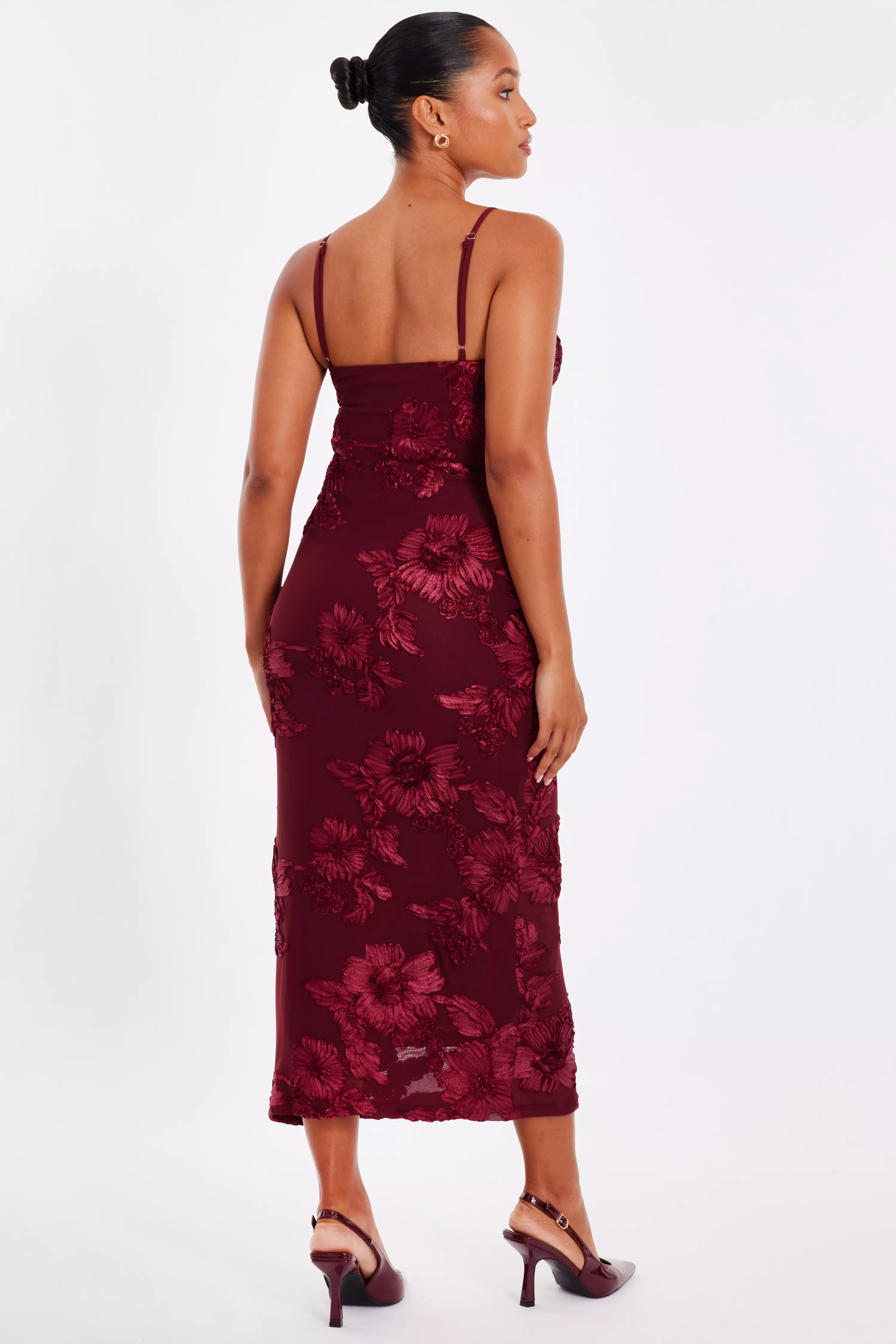 Petite Dark Red Floral Applique Midaxi Dress