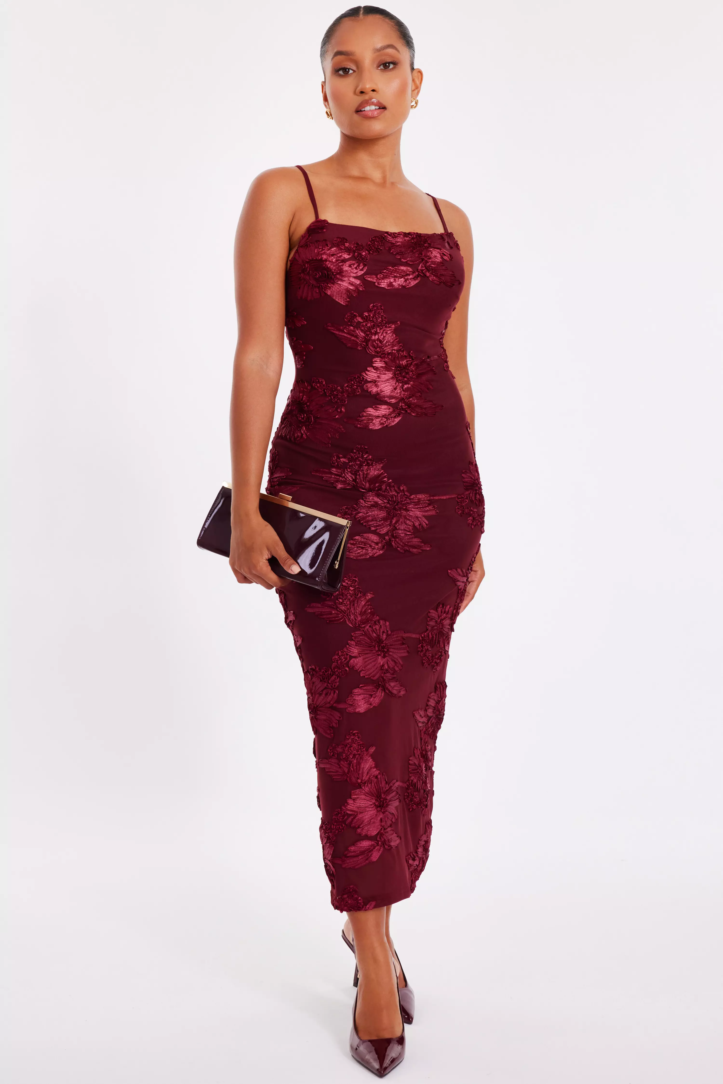 Petite Dark Red Floral Applique Midaxi Dress