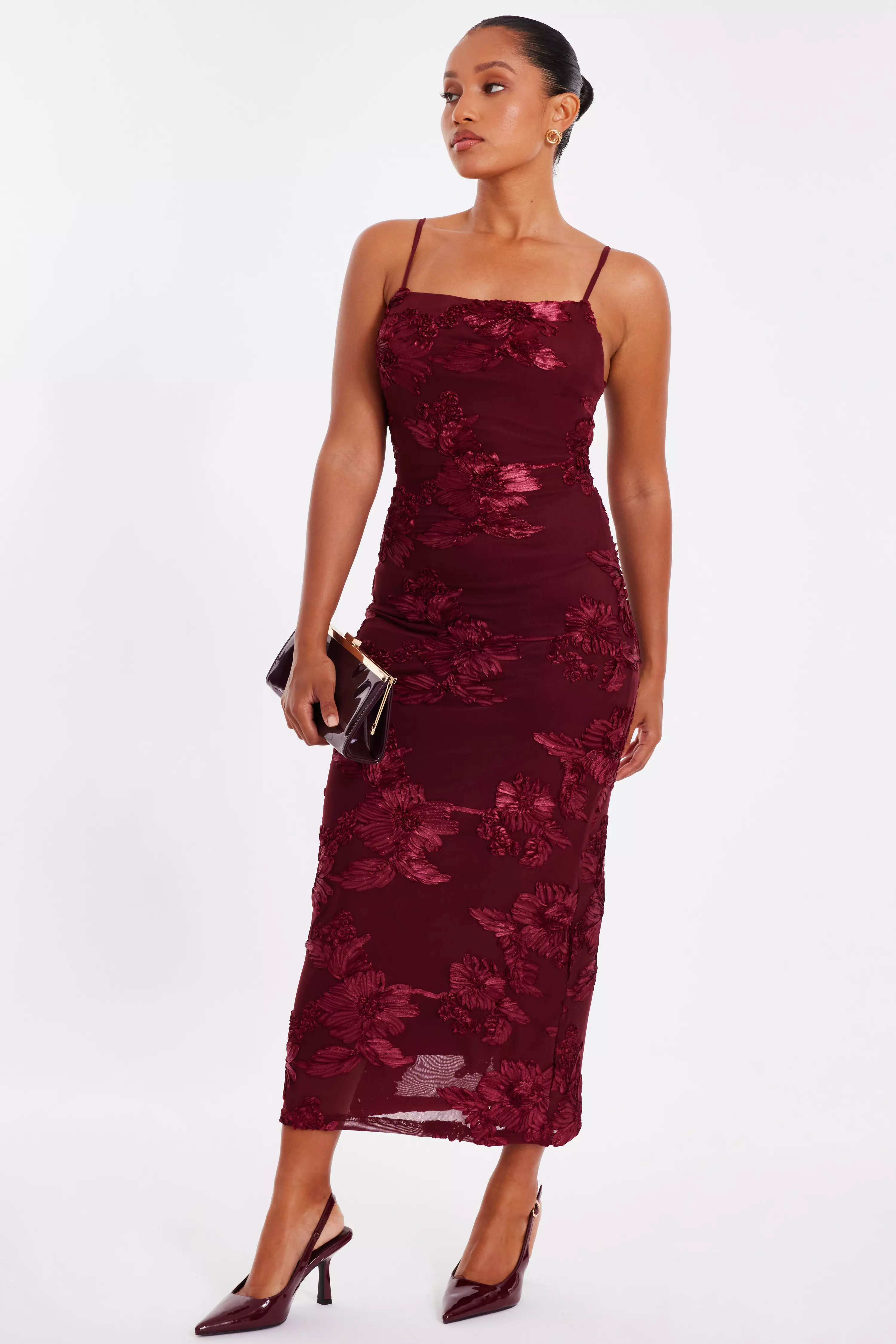 Petite Dark Red Floral Applique Midaxi Dress