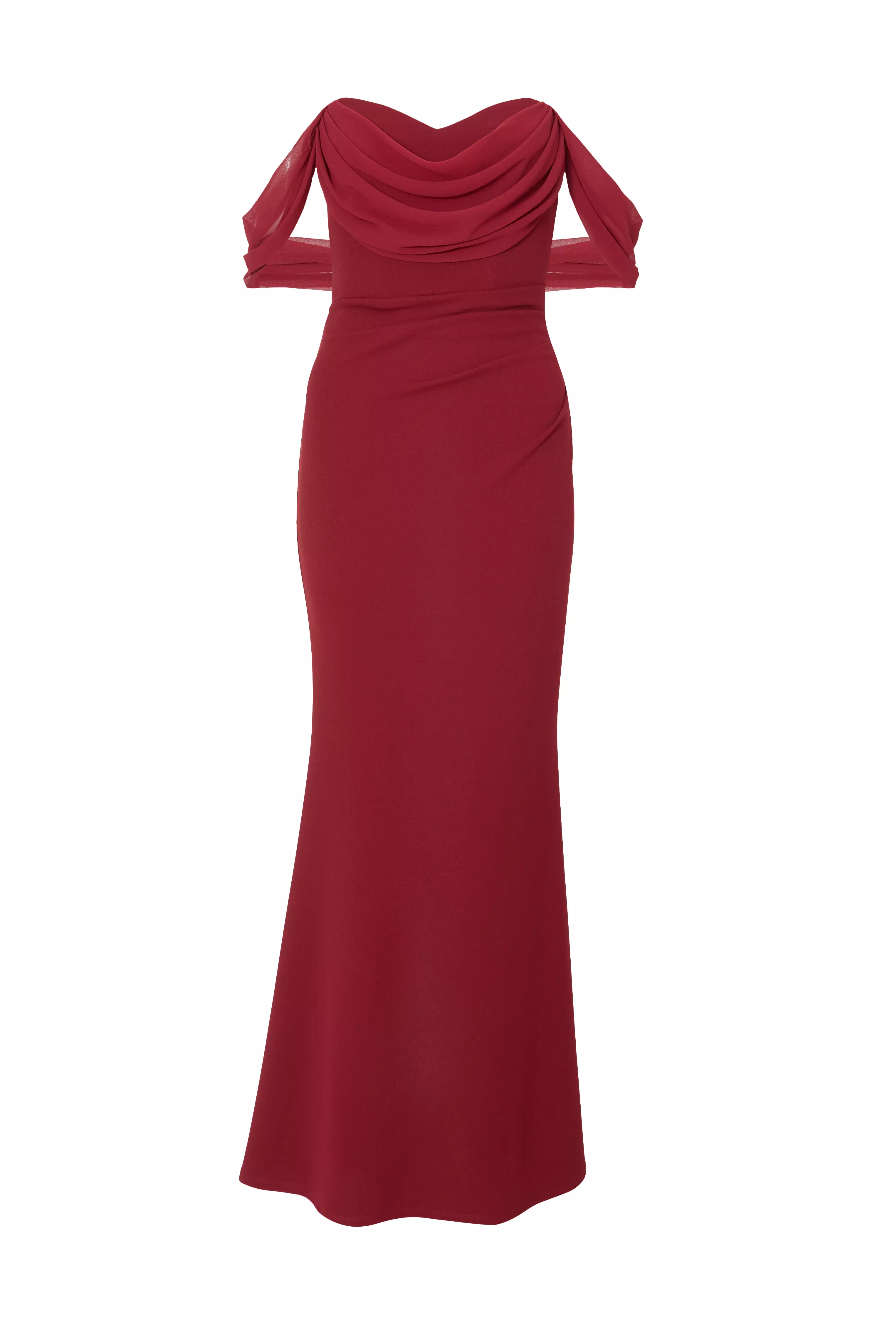 Petite Dark Red Chiffon Bardot Maxi Dress