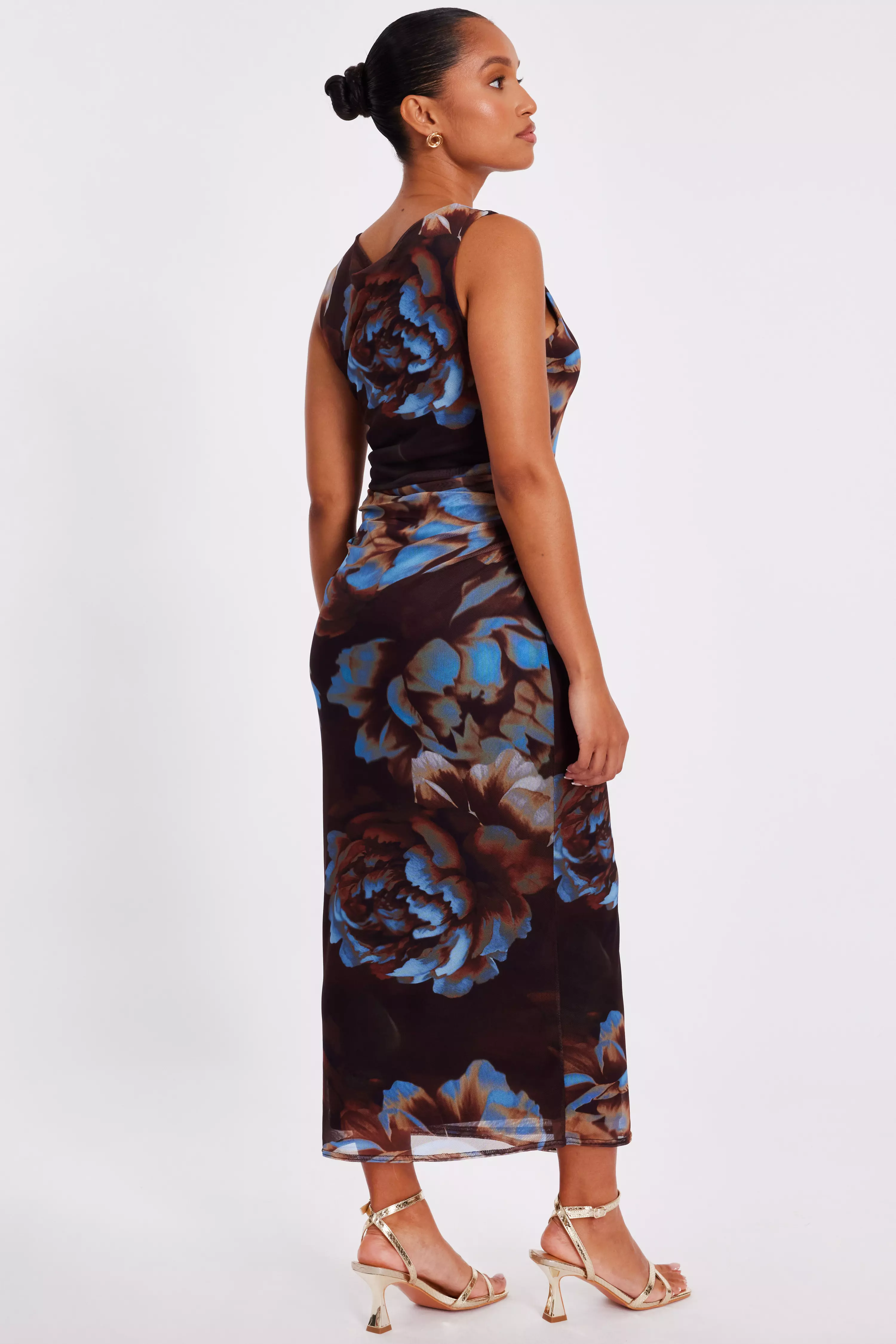 Petite Brown Floral Mesh Midaxi Dress