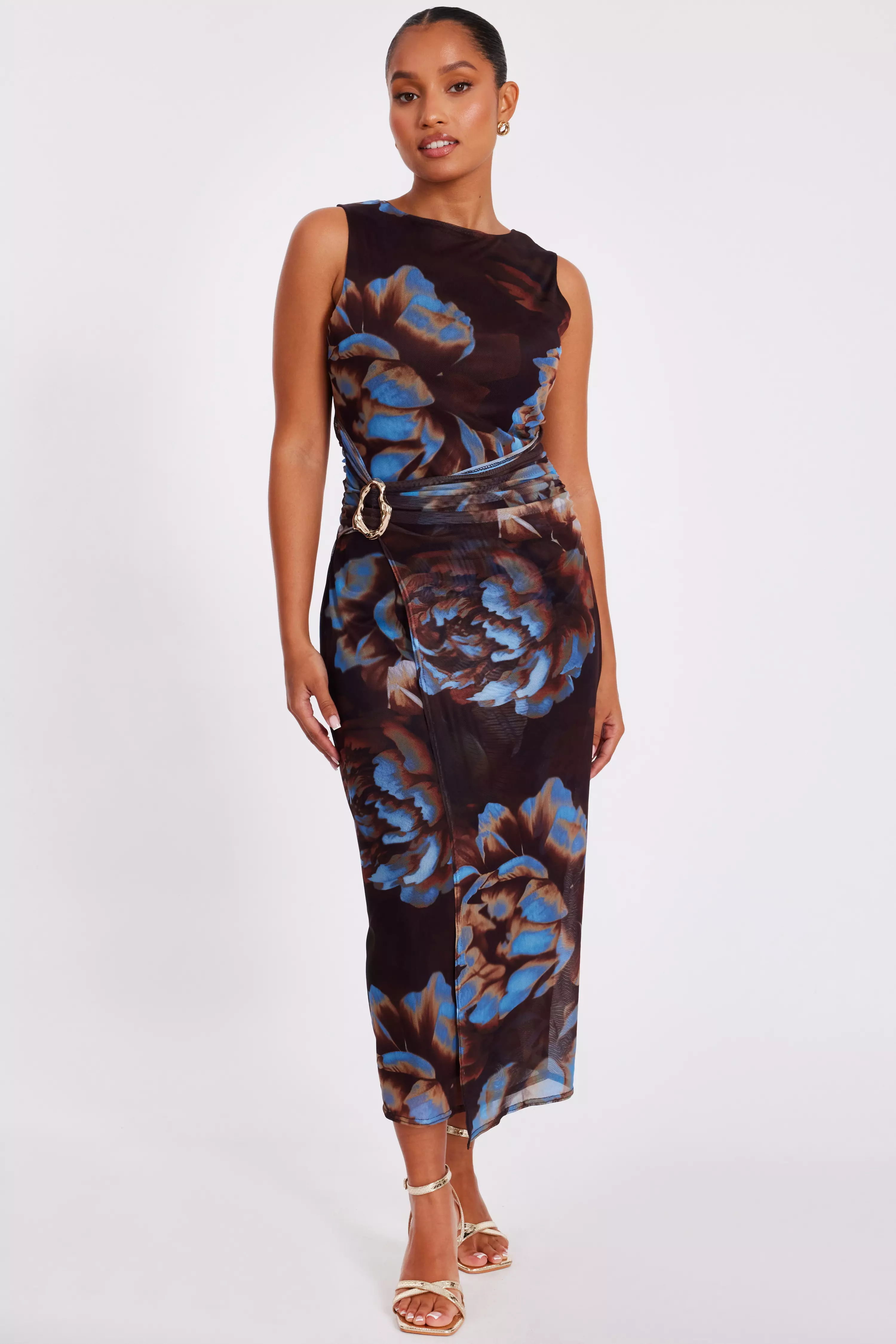 Petite Brown Floral Mesh Midaxi Dress
