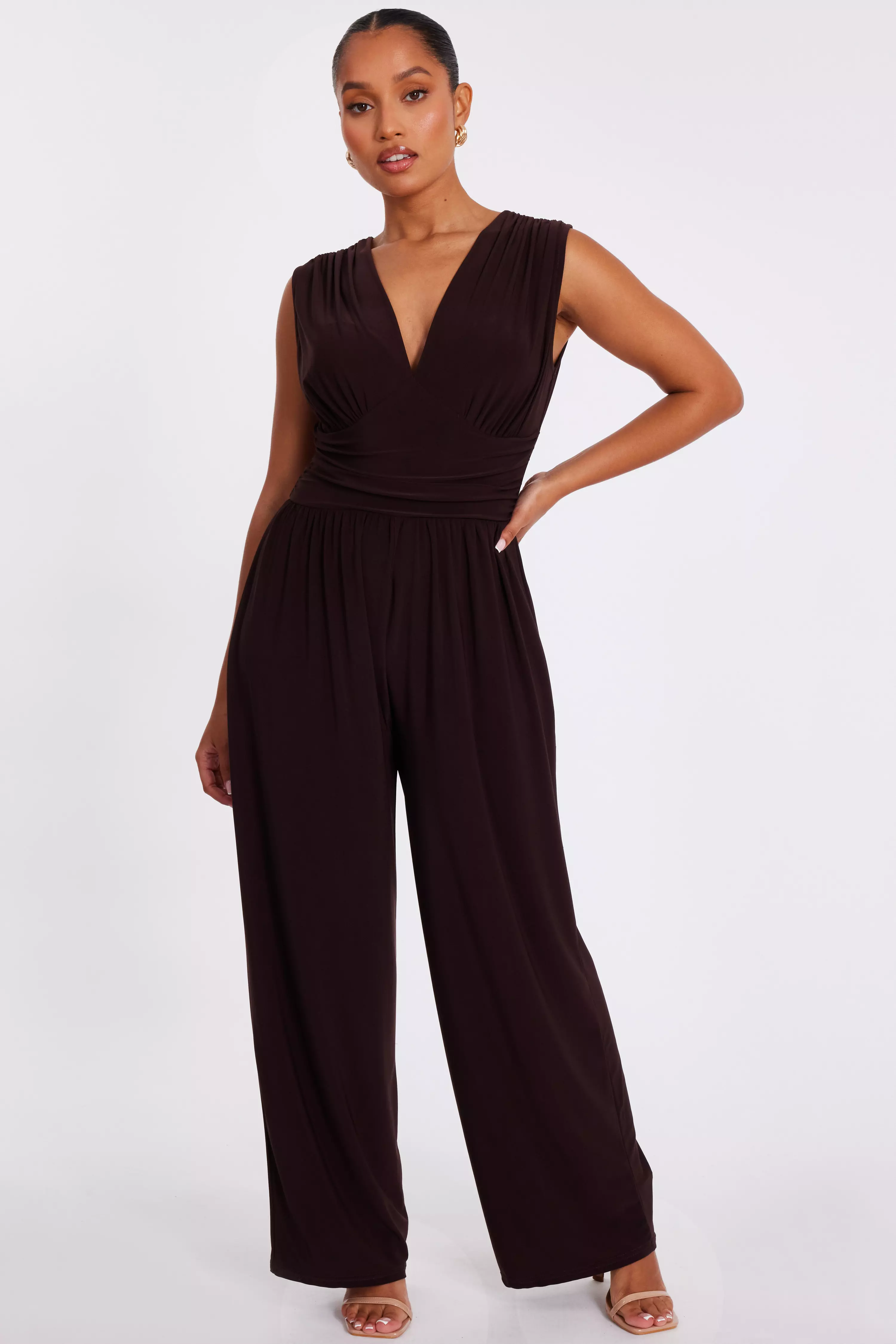 Petite Brown Ruched Jumpsuit