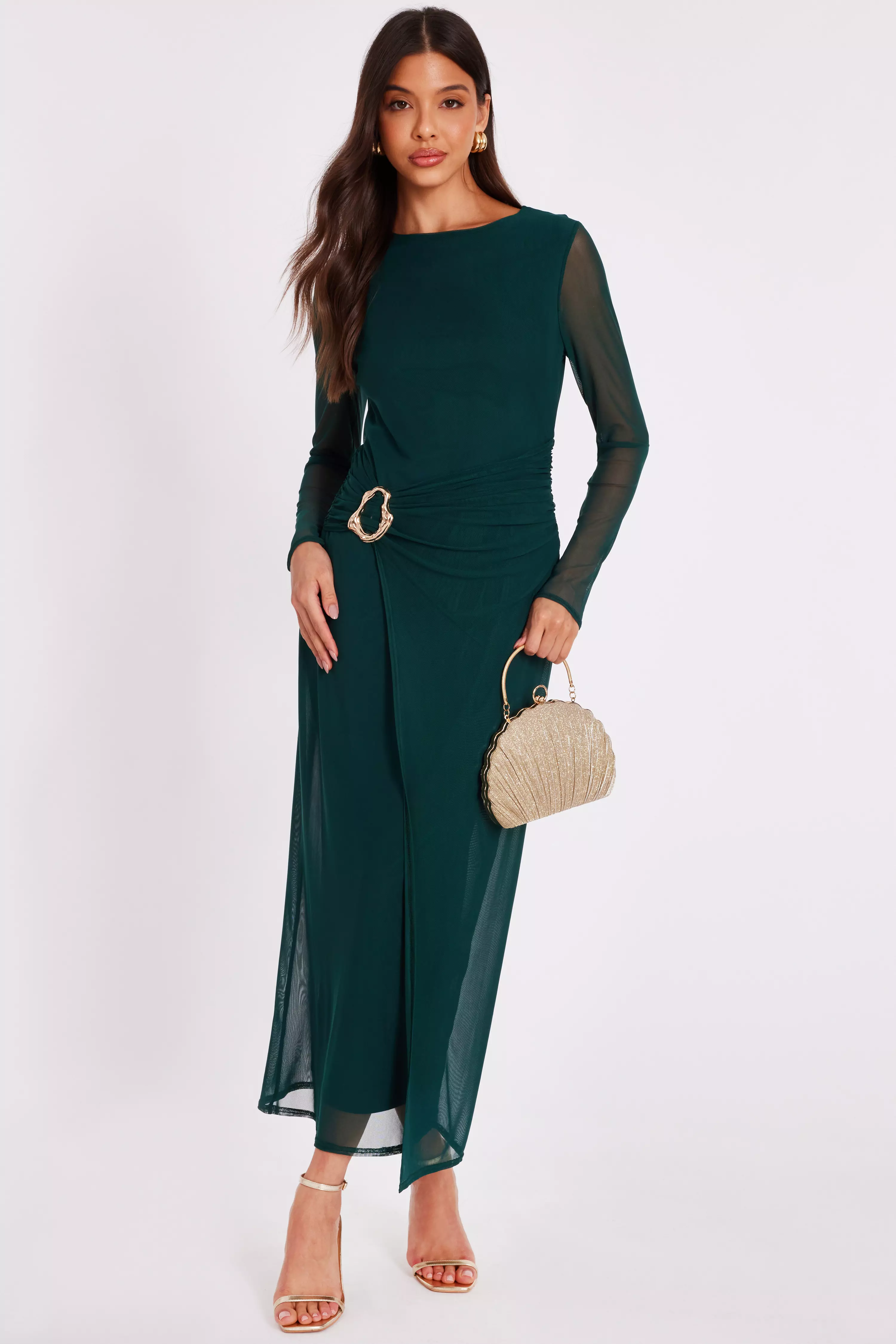Bottle Green Mesh Buckle Midaxi Dress