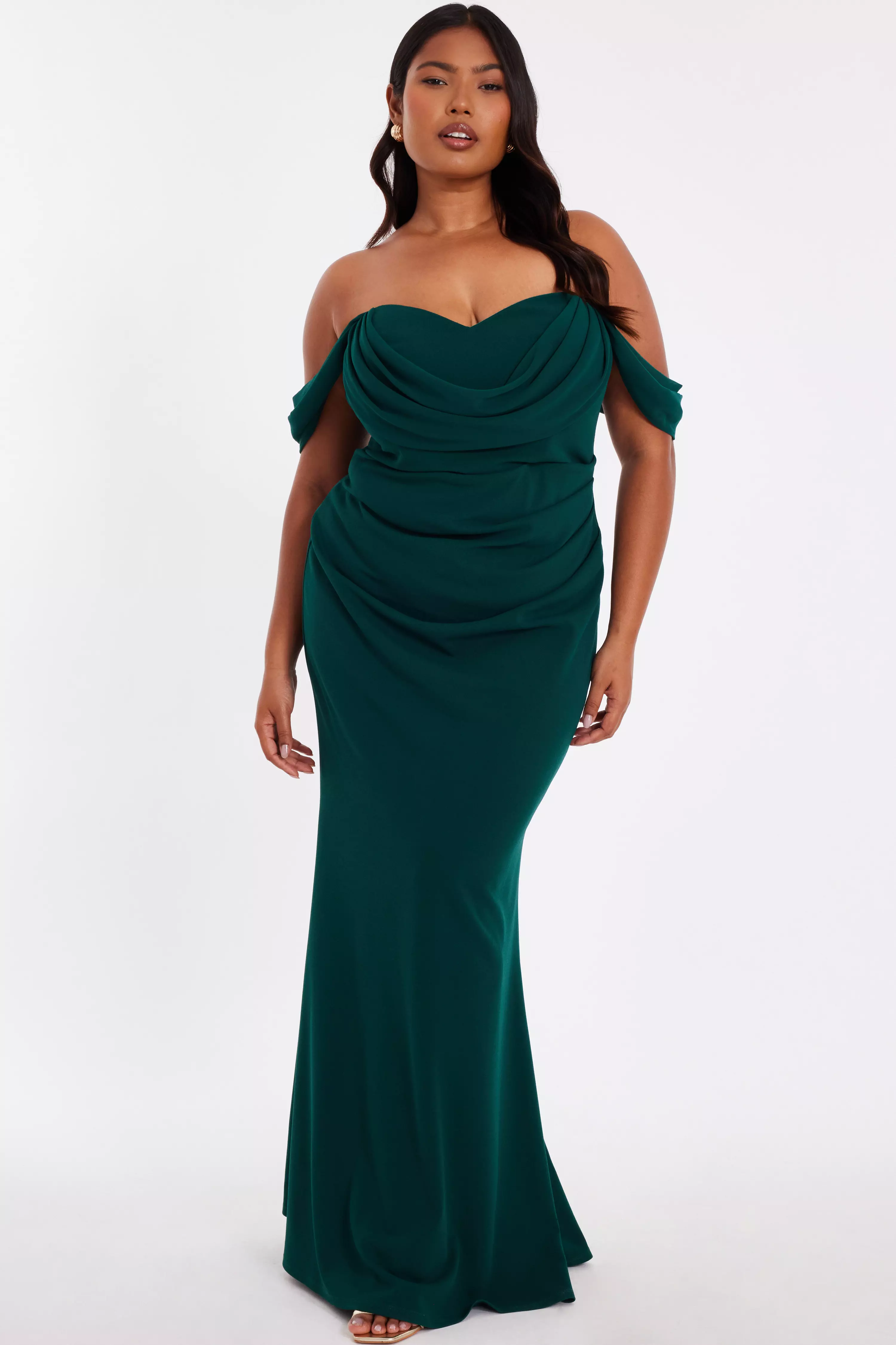 Curve Bottle Green Chiffon Bardot Maxi Dress