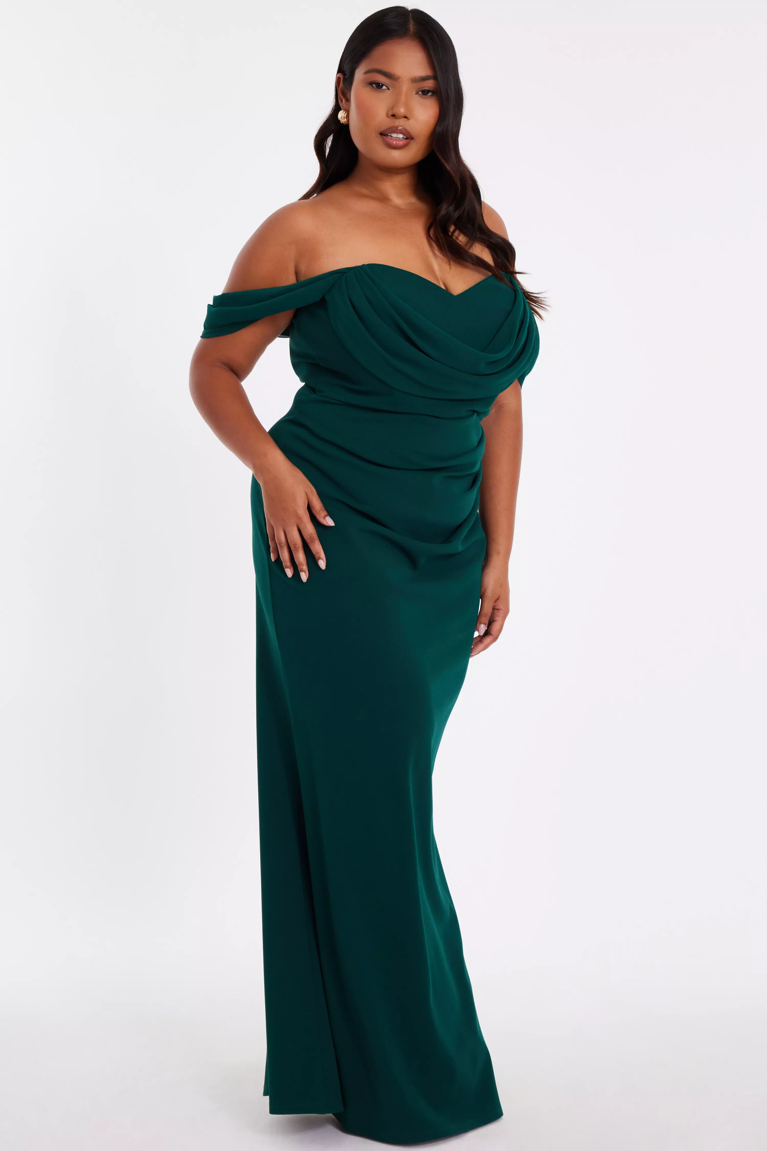 Curve Bottle Green Chiffon Bardot Maxi Dress