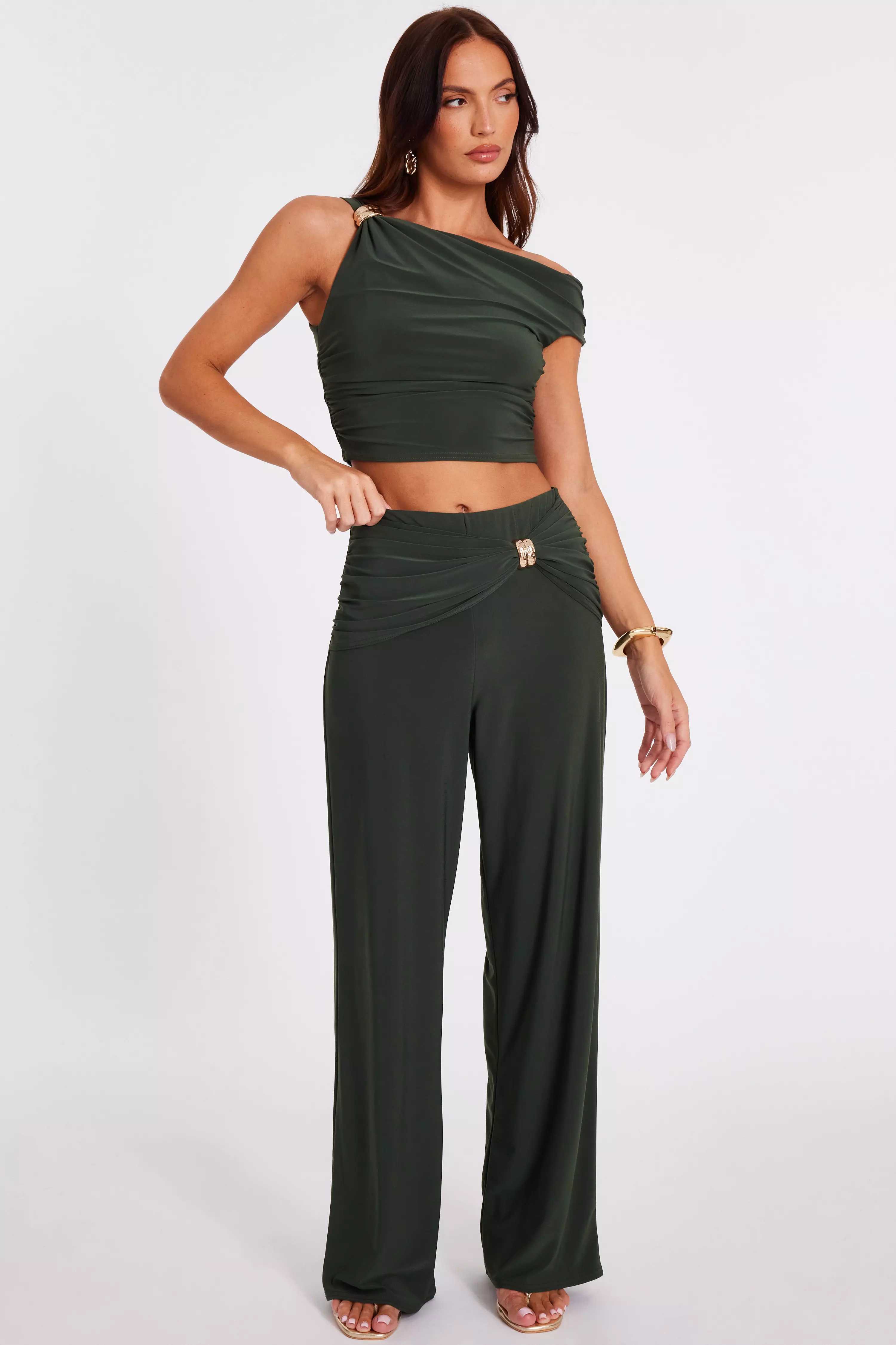 Khaki Buckle Wide Leg Trousers