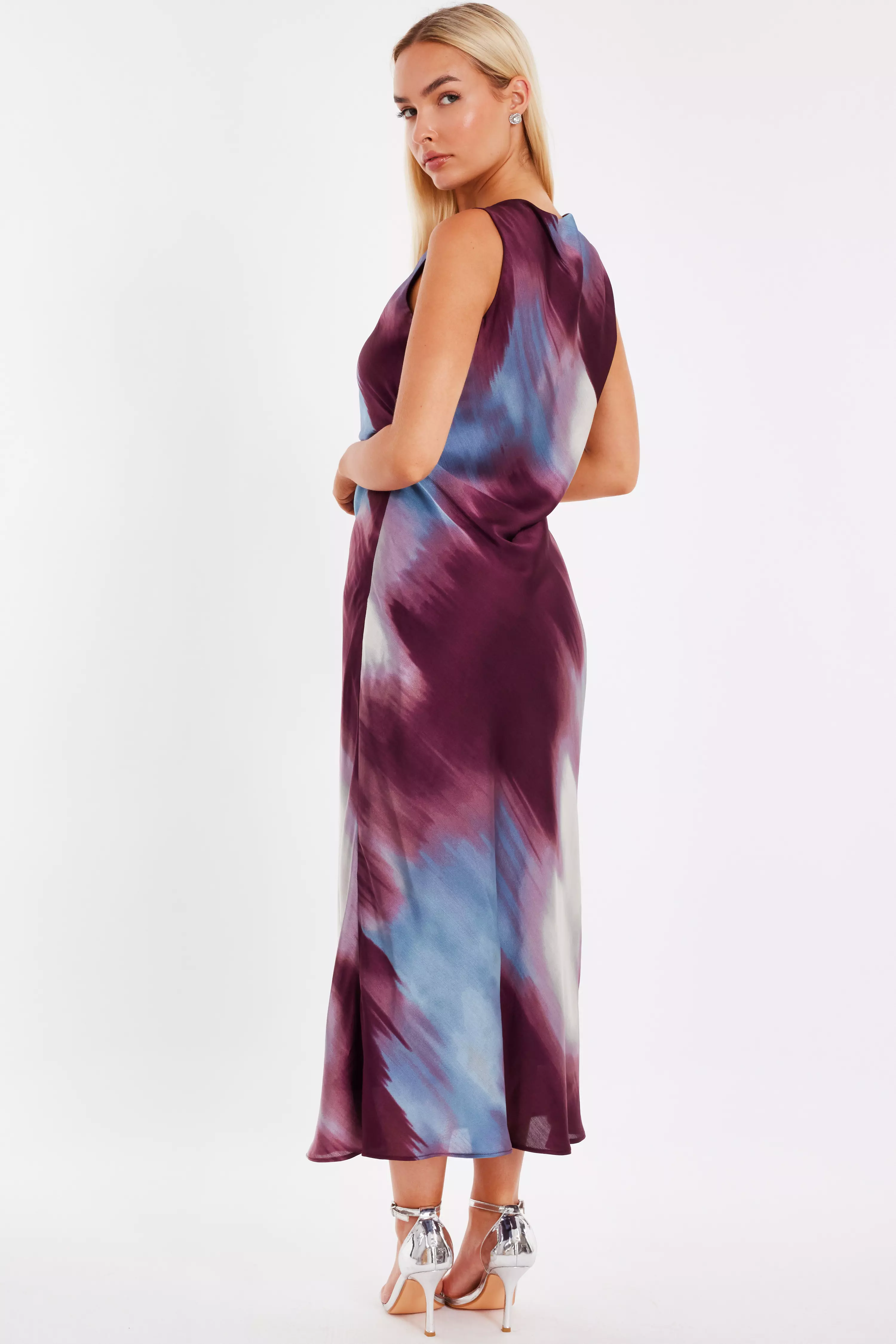 Dark Red Printed Satin Midaxi Dress
