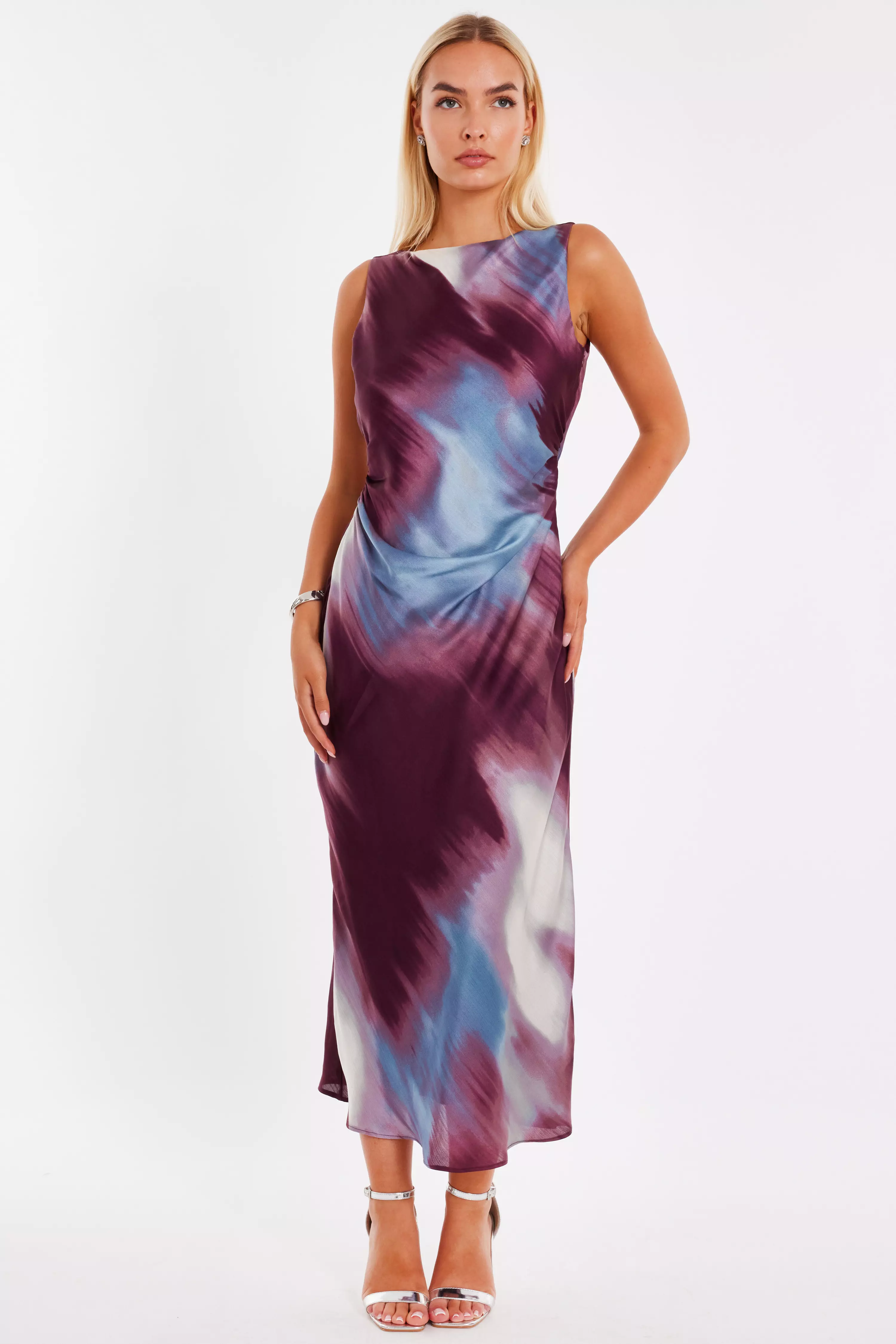 Dark Red Printed Satin Midaxi Dress