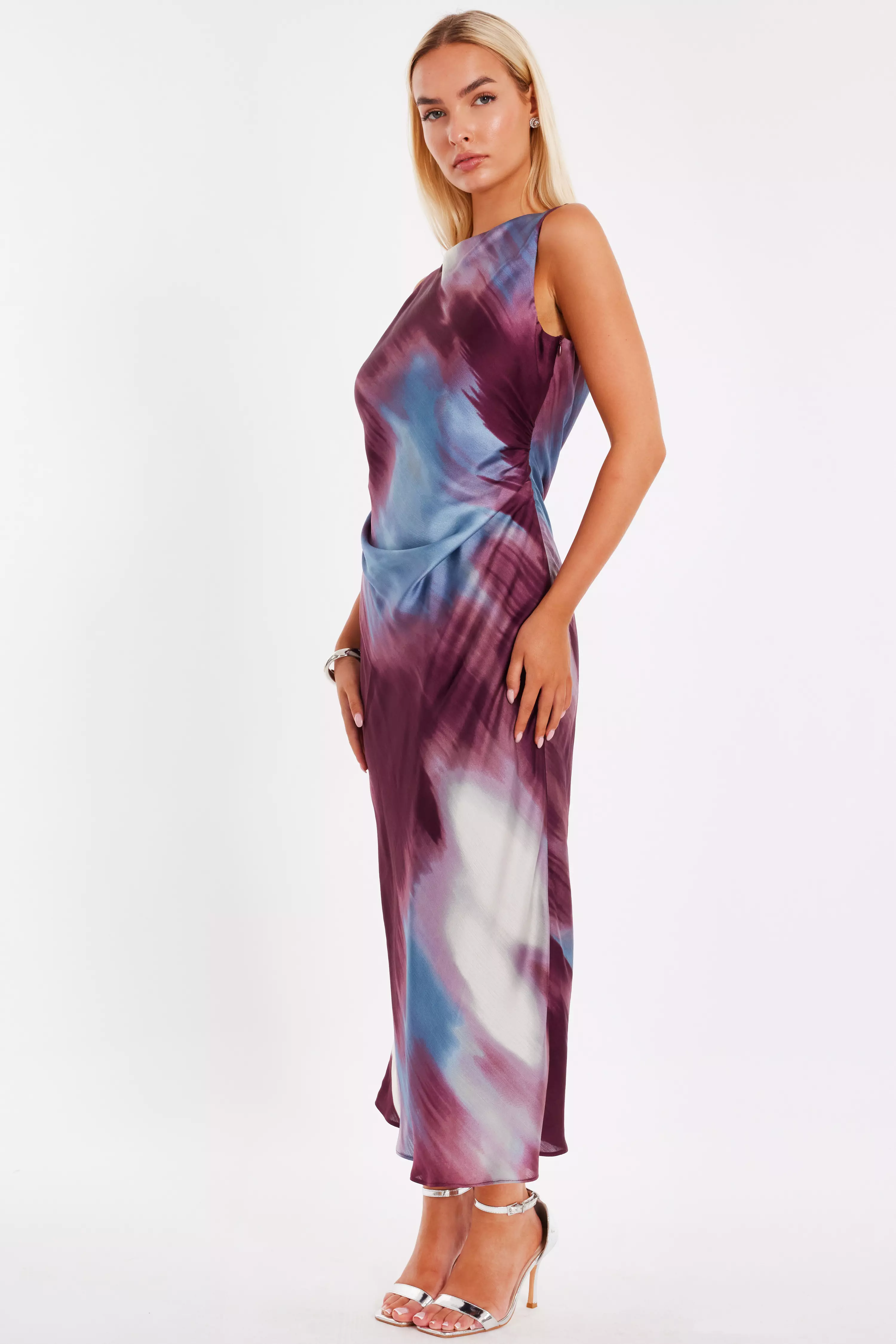 Dark Red Printed Satin Midaxi Dress