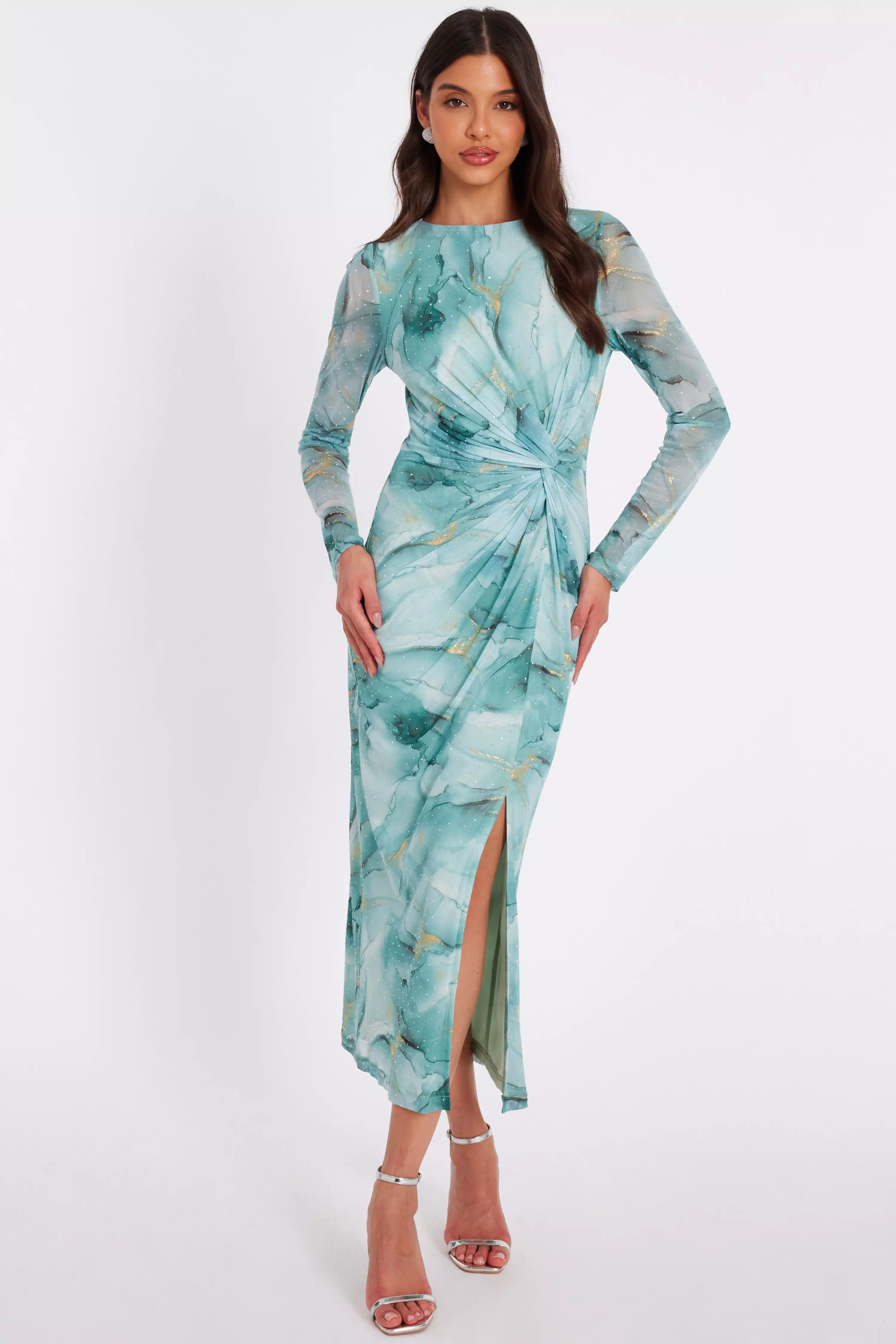 Sage Printed Diamante Midaxi Dress