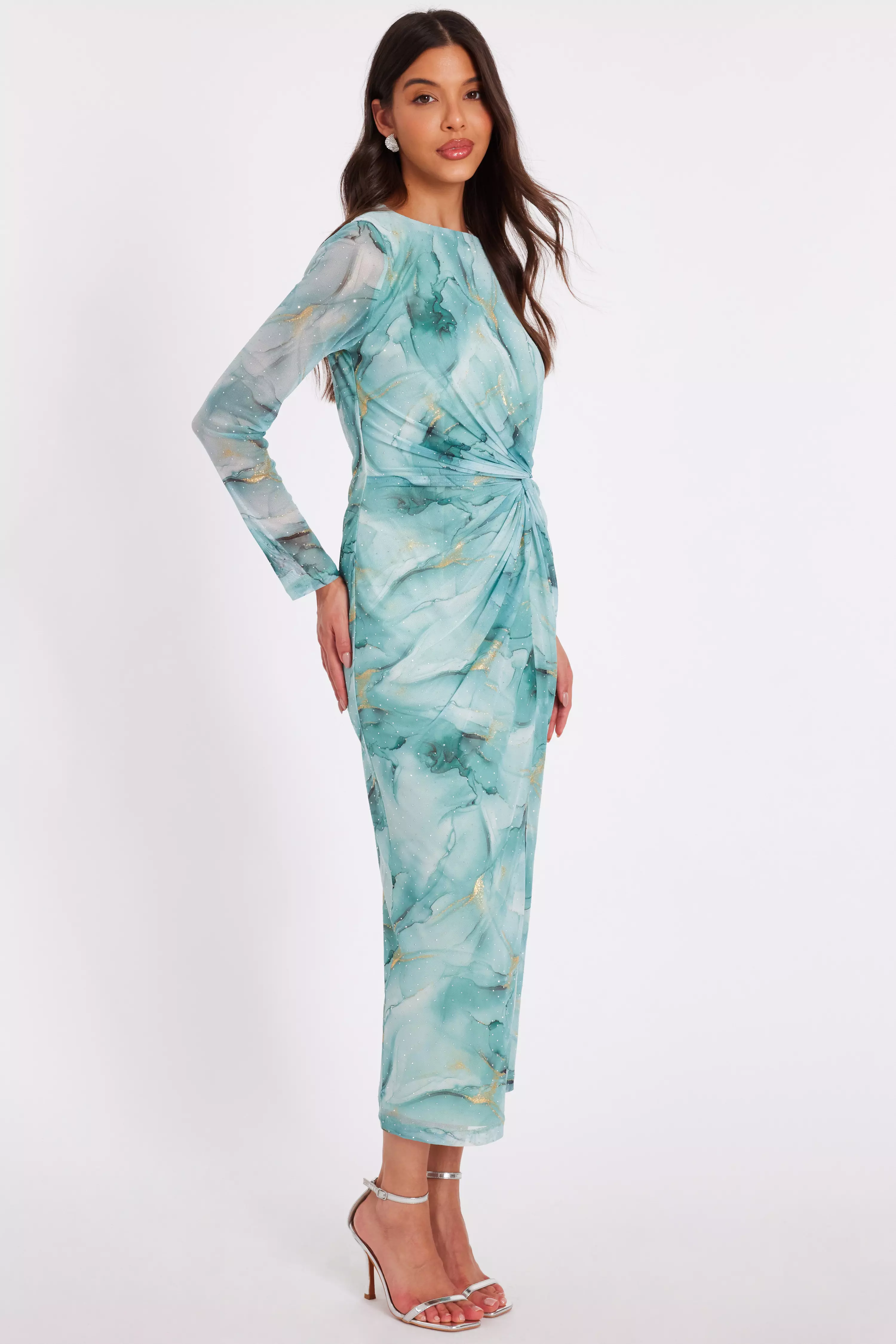Sage Printed Diamante Midaxi Dress