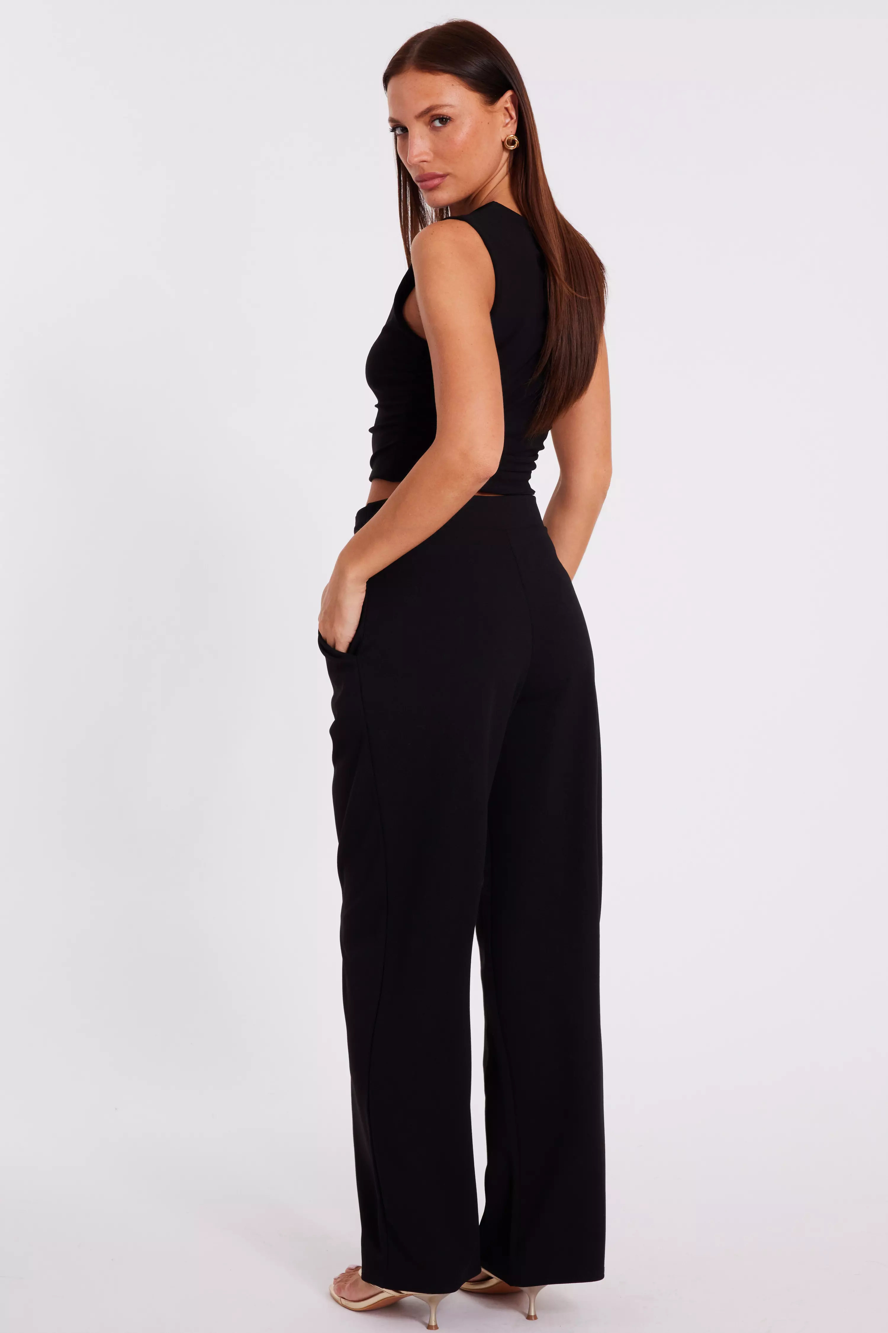 Black Buckle Front Palazzo Trouser