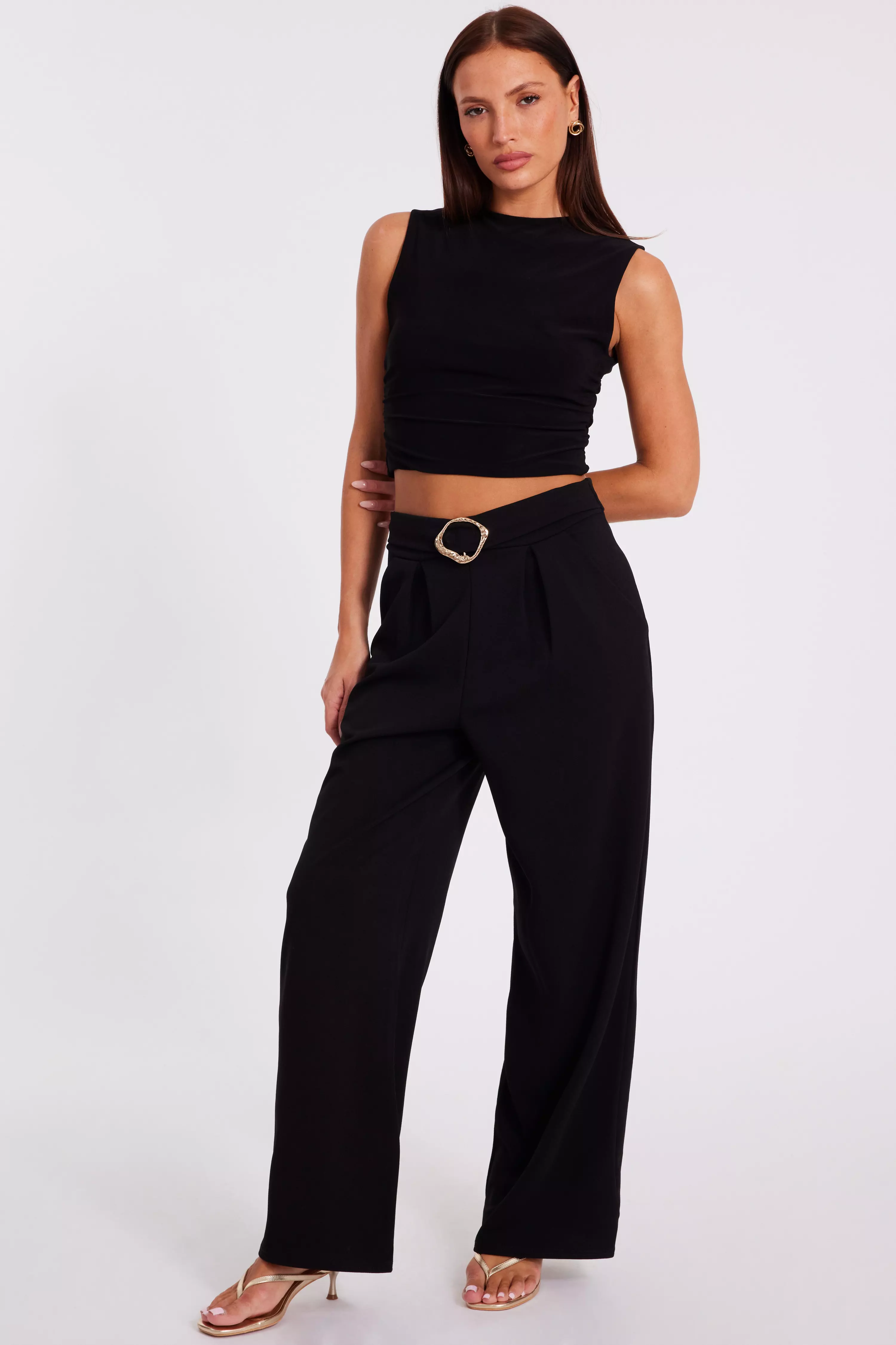 Black Buckle Front Palazzo Trouser