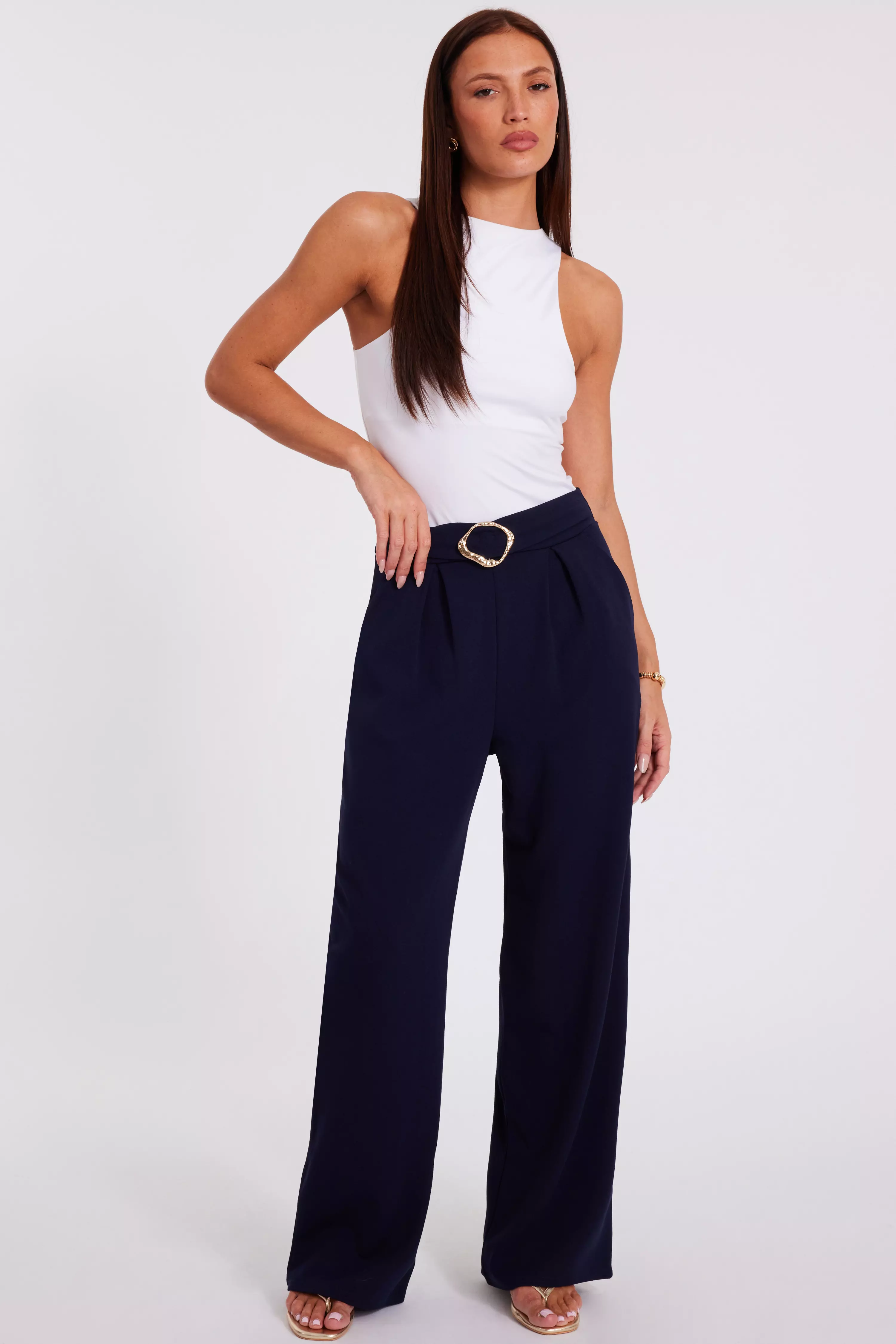 Navy Buckle Palazzo Trousers