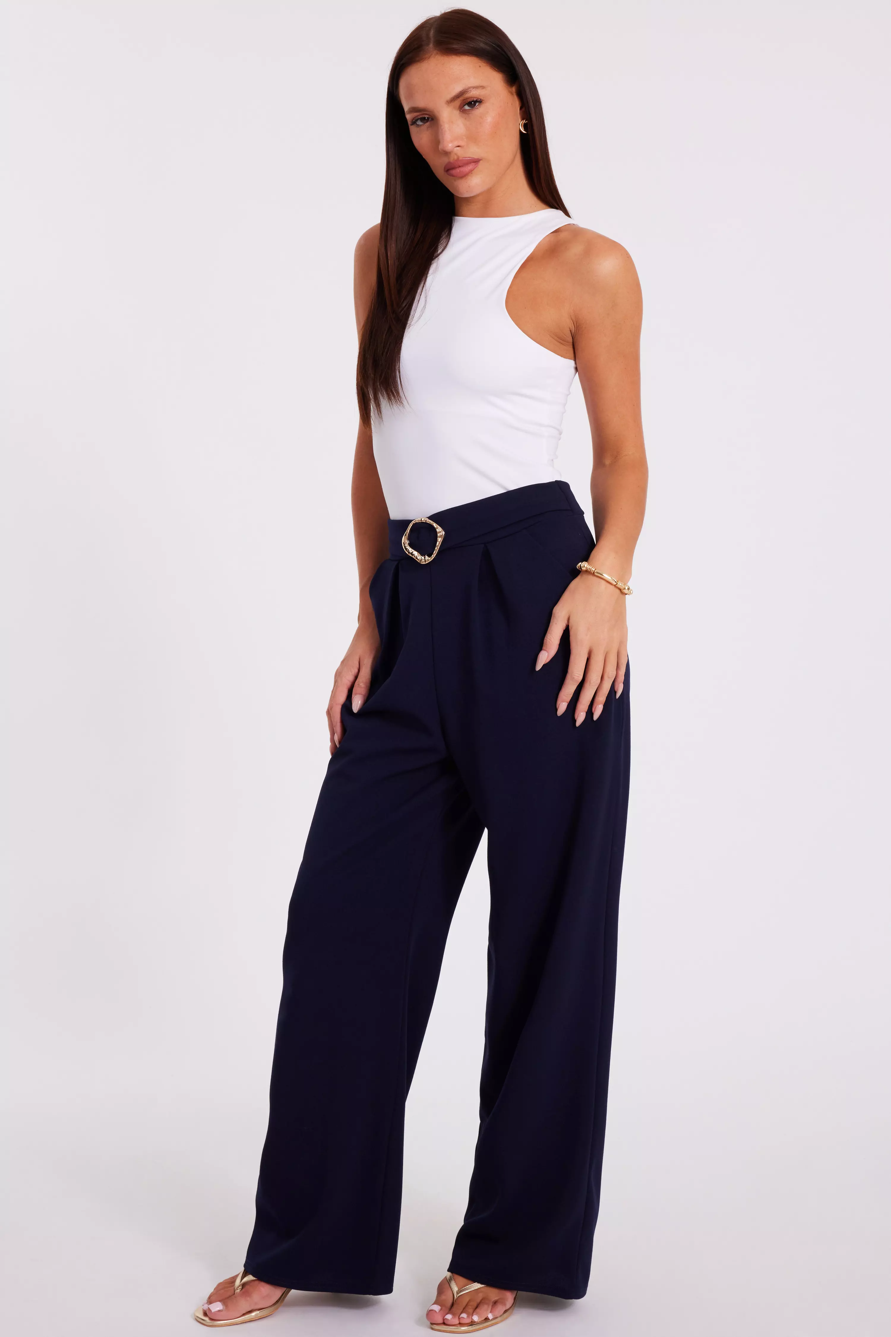 Navy Buckle Palazzo Trousers
