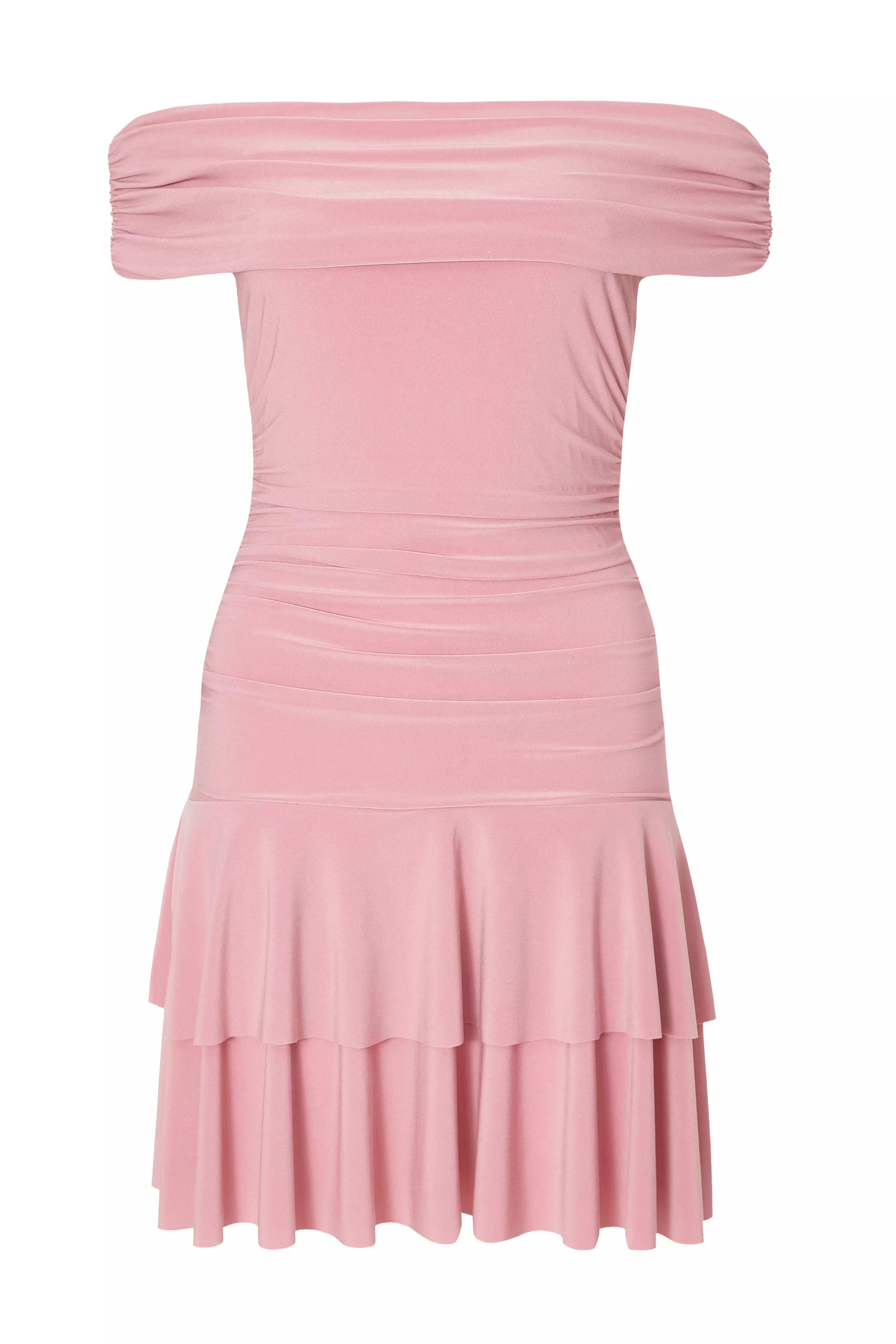 Pink Bardot Ruched Mini Dress