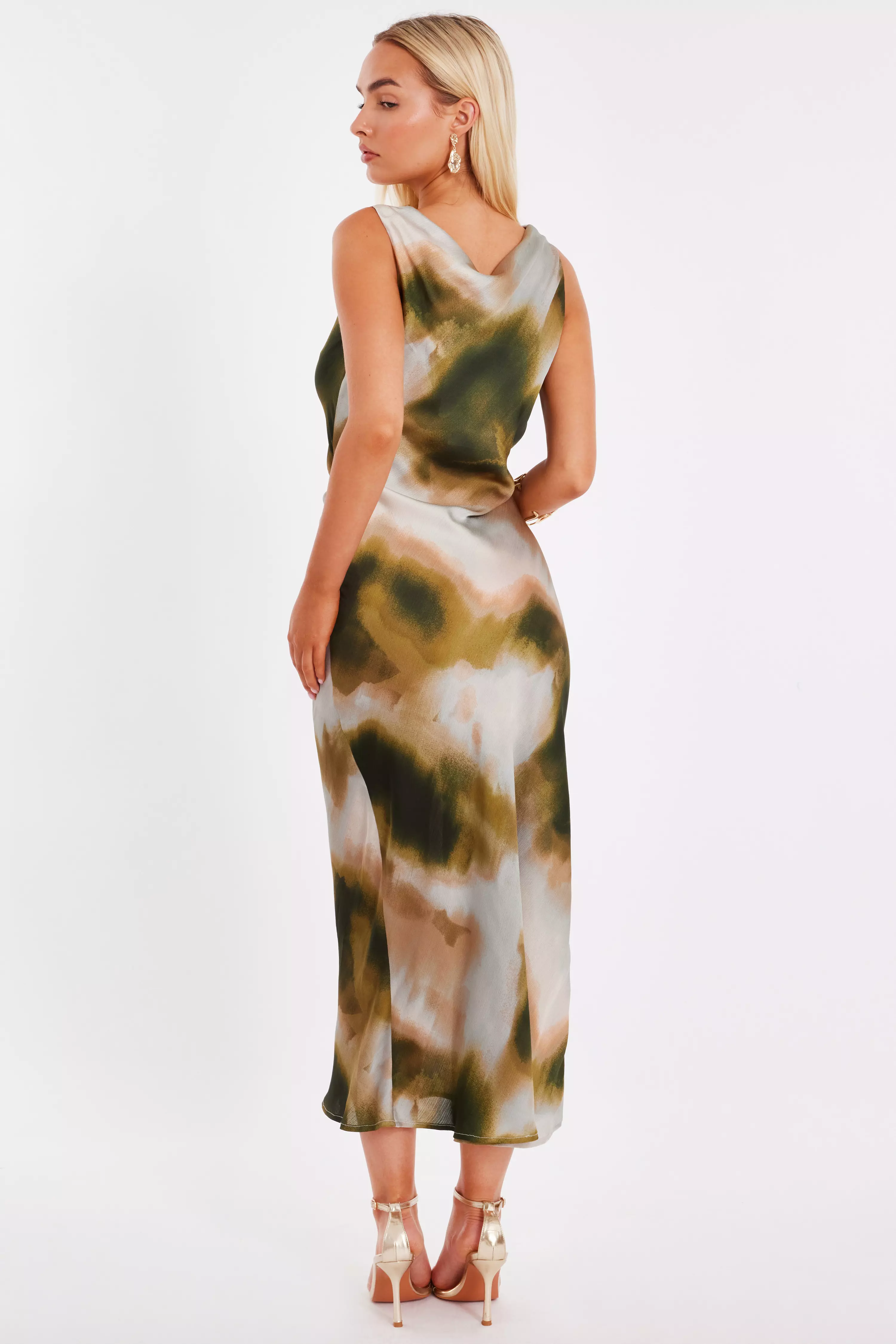 Khaki Satin Tie Dye Midaxi Dress