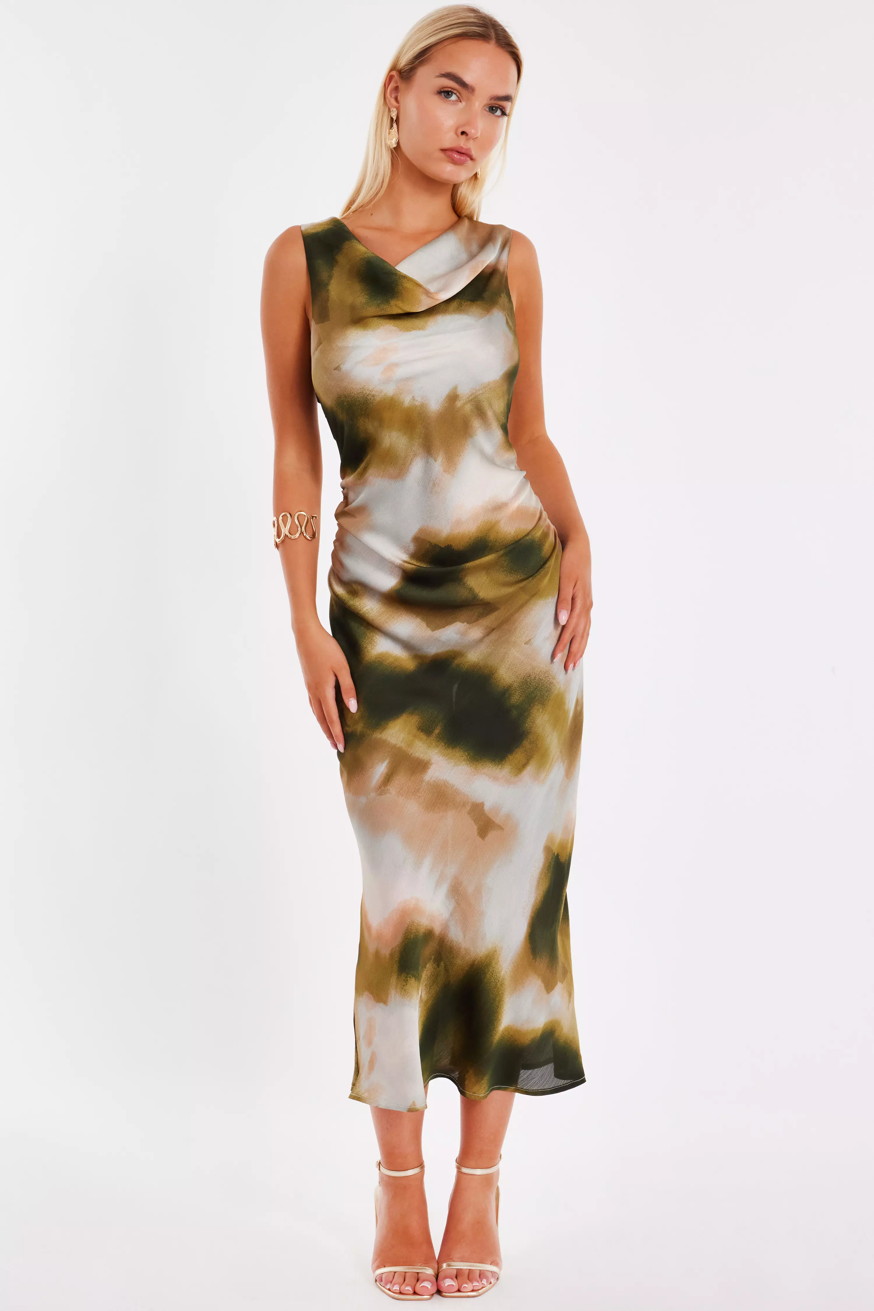 Khaki Satin Tie Dye Midaxi Dress