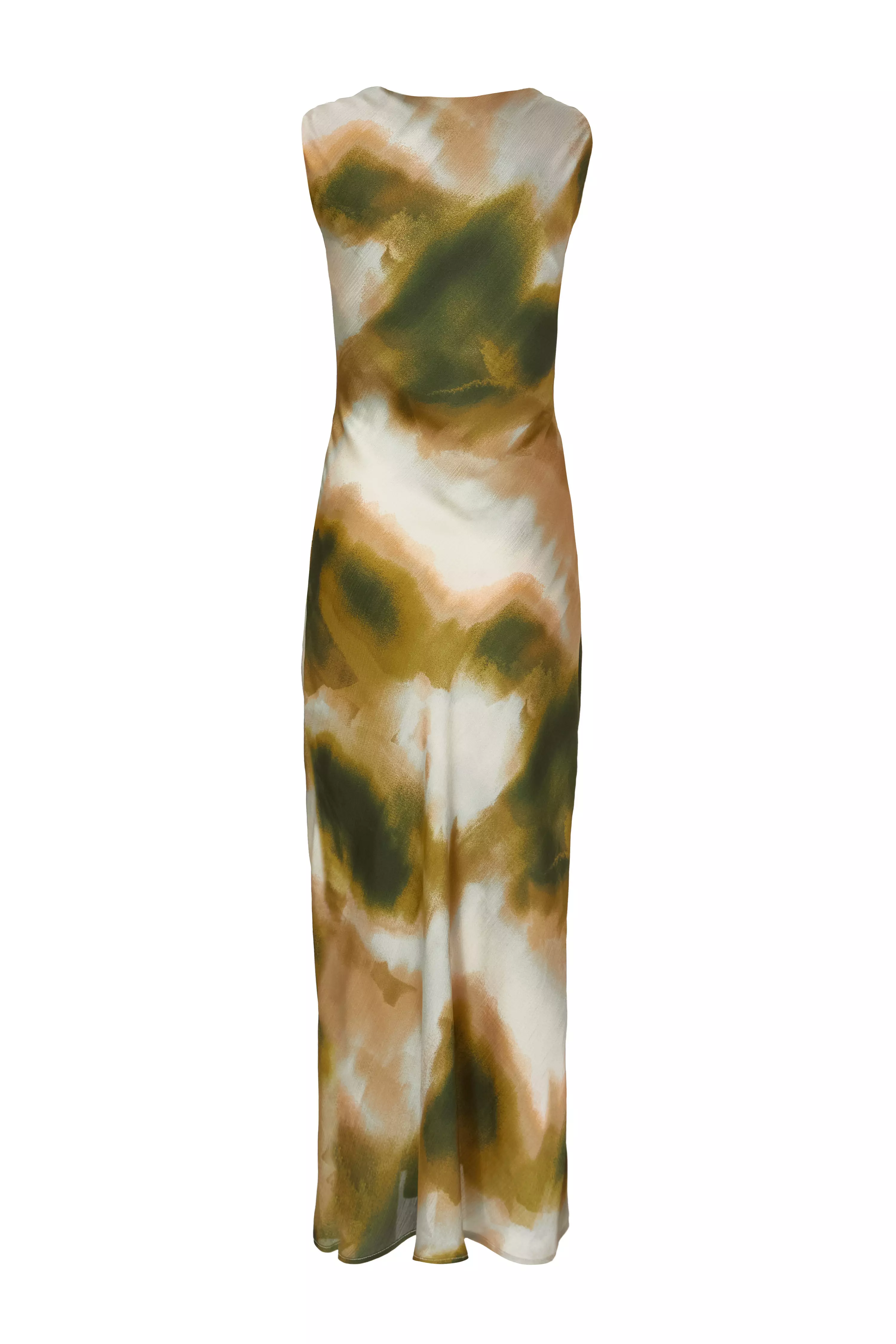 Khaki Satin Tie Dye Midaxi Dress