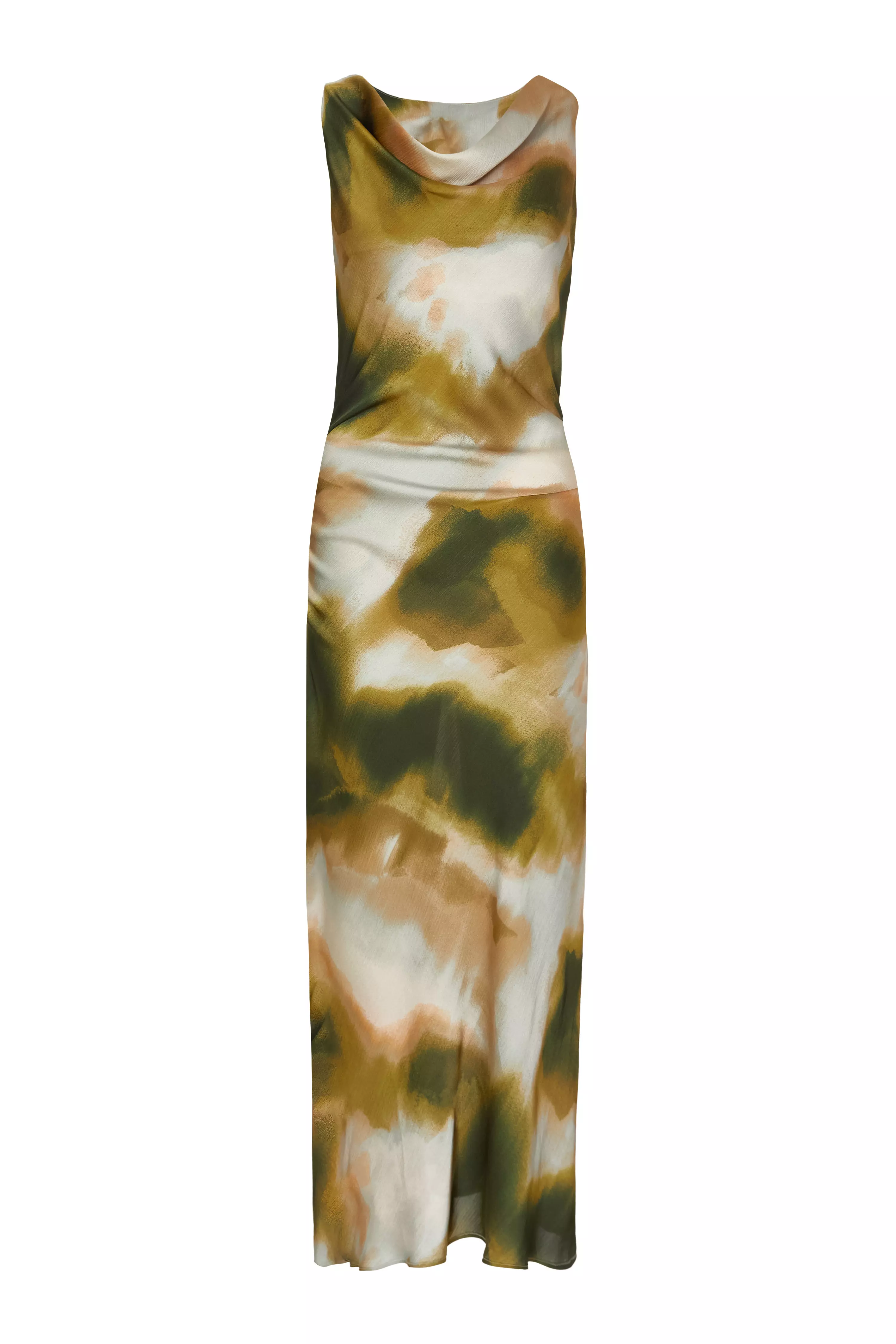 Khaki Satin Tie Dye Midaxi Dress