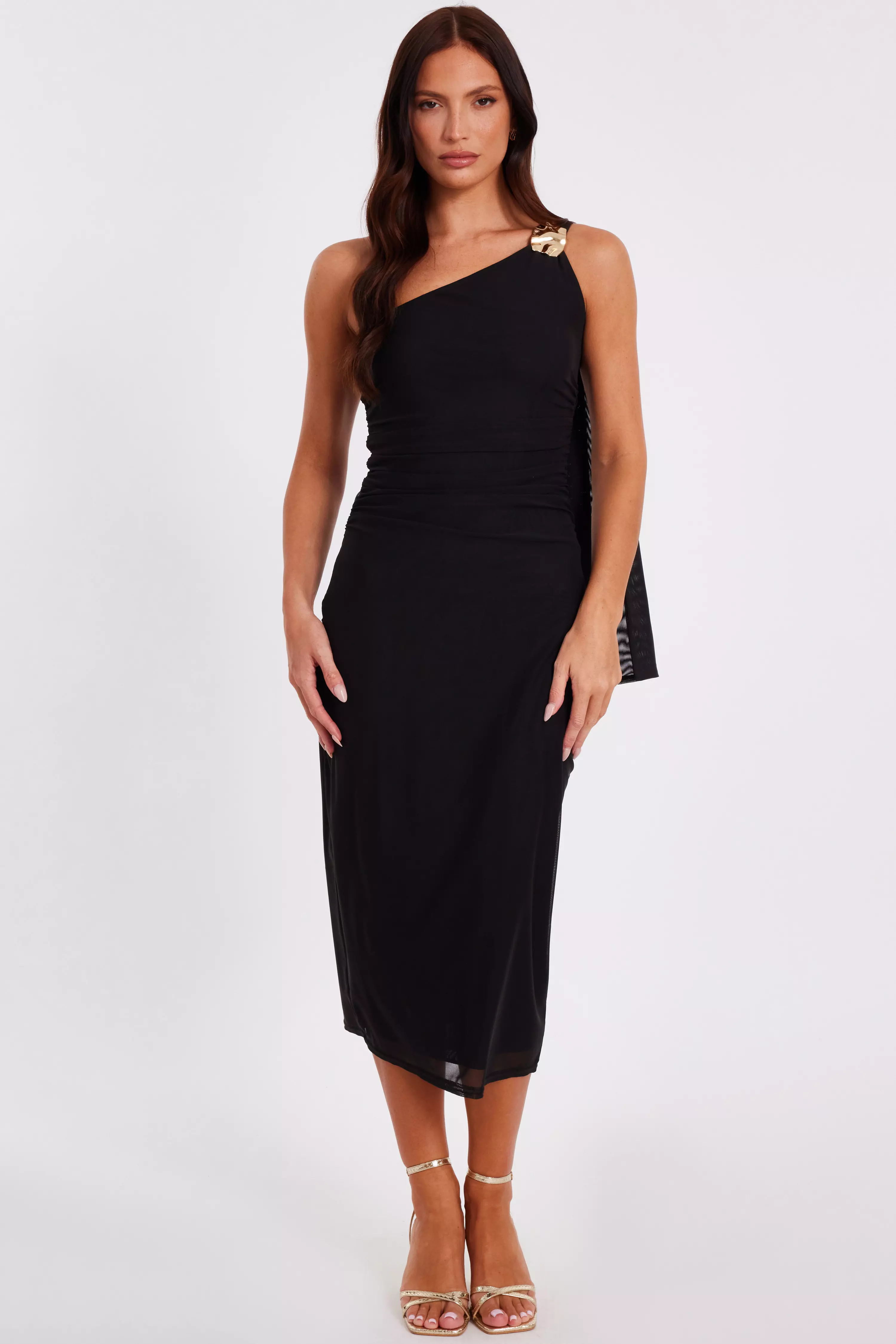Black Mesh One Shoulder Midi Dress