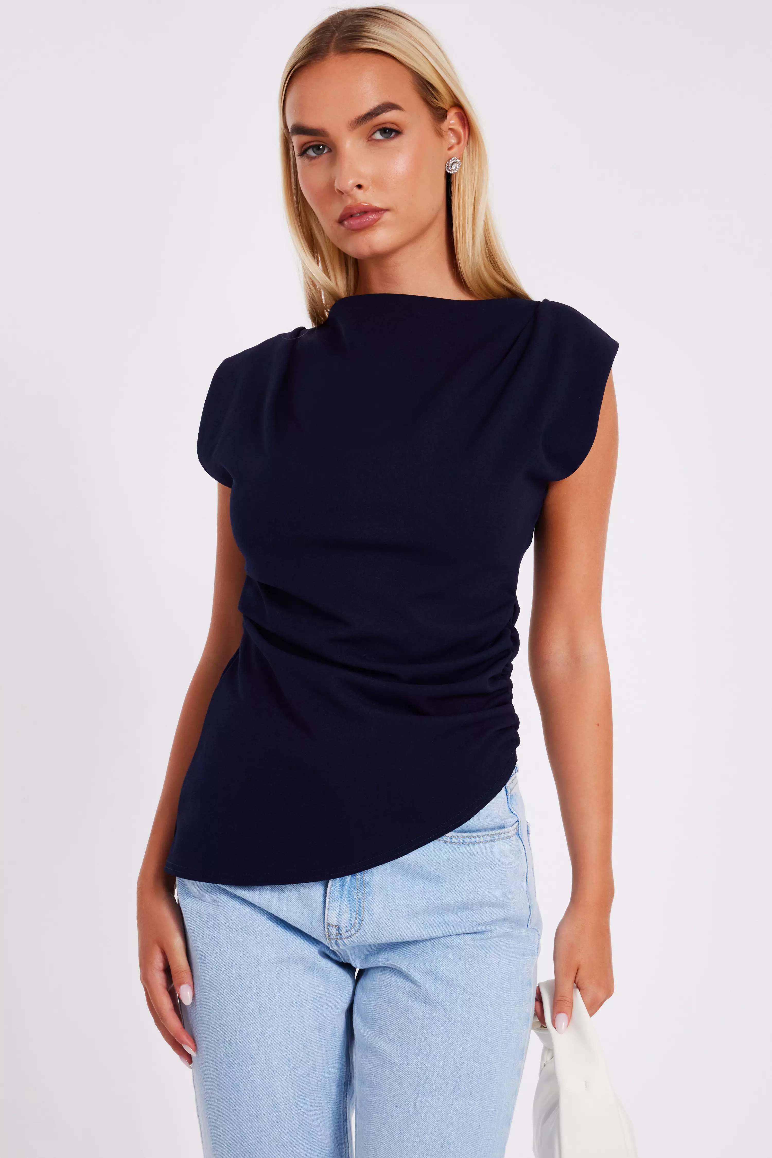 Navy Asymmetric Boat Neck Top