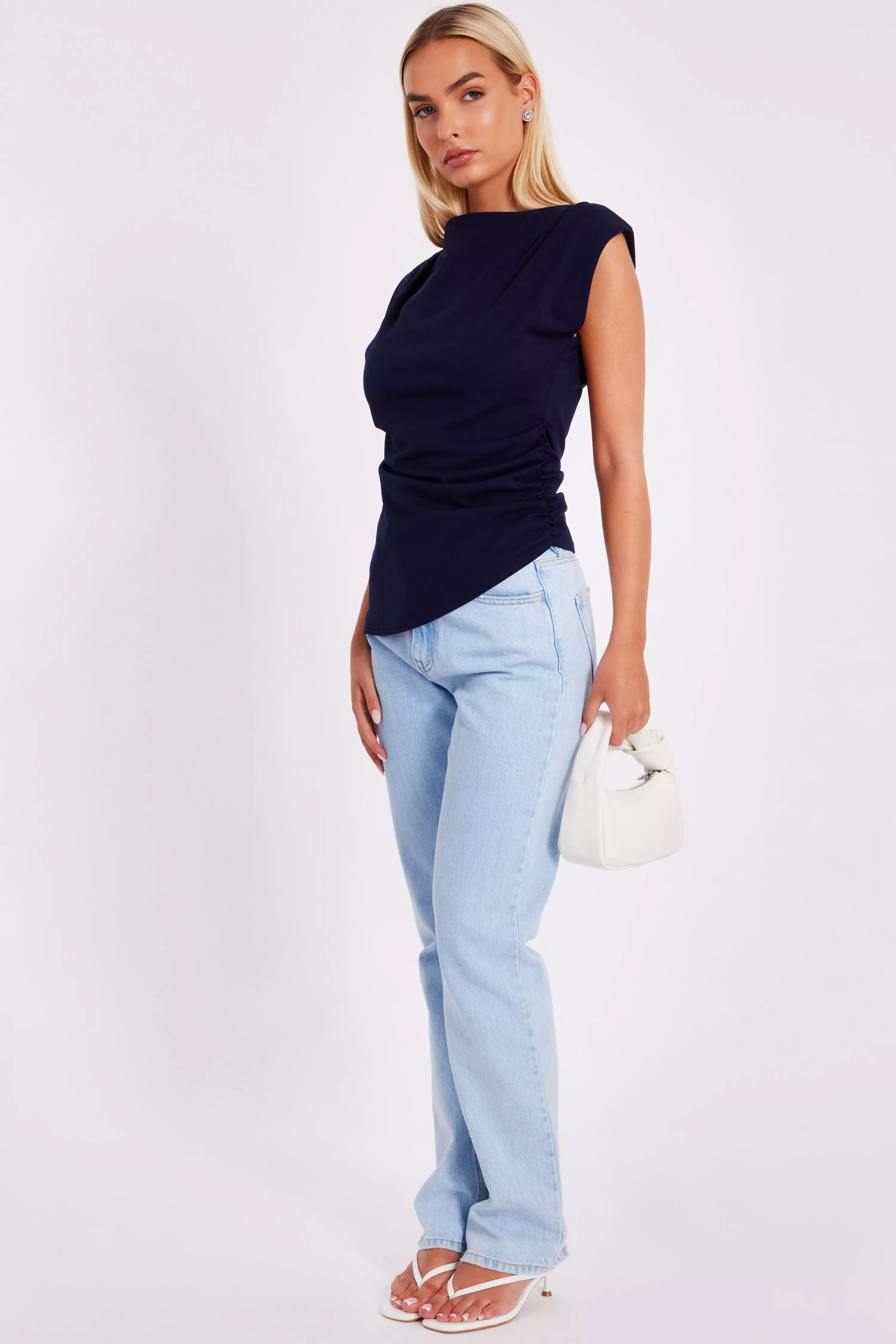 Navy Asymmetric Boat Neck Top
