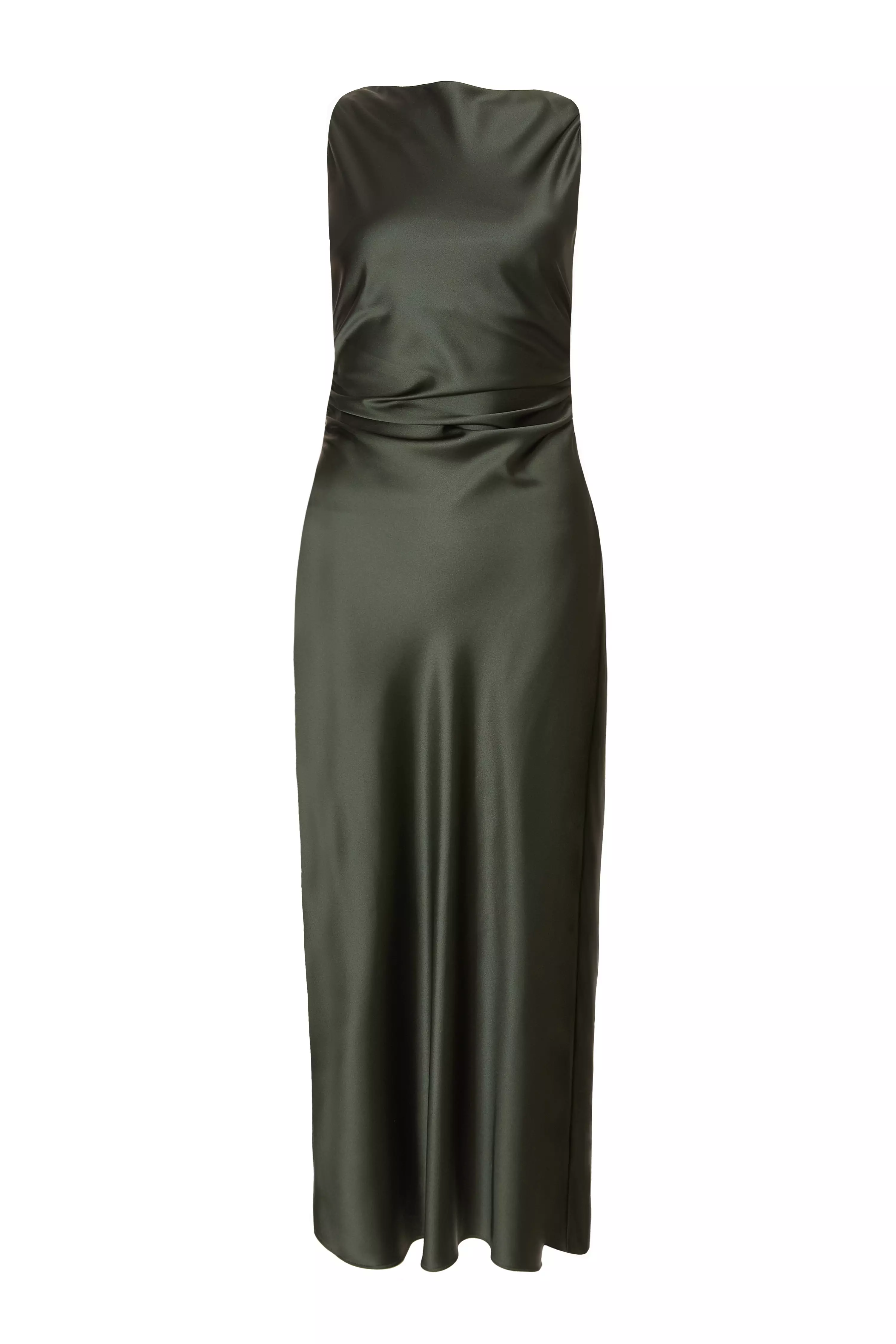 Petite Olive Satin Ruched Midaxi Dress