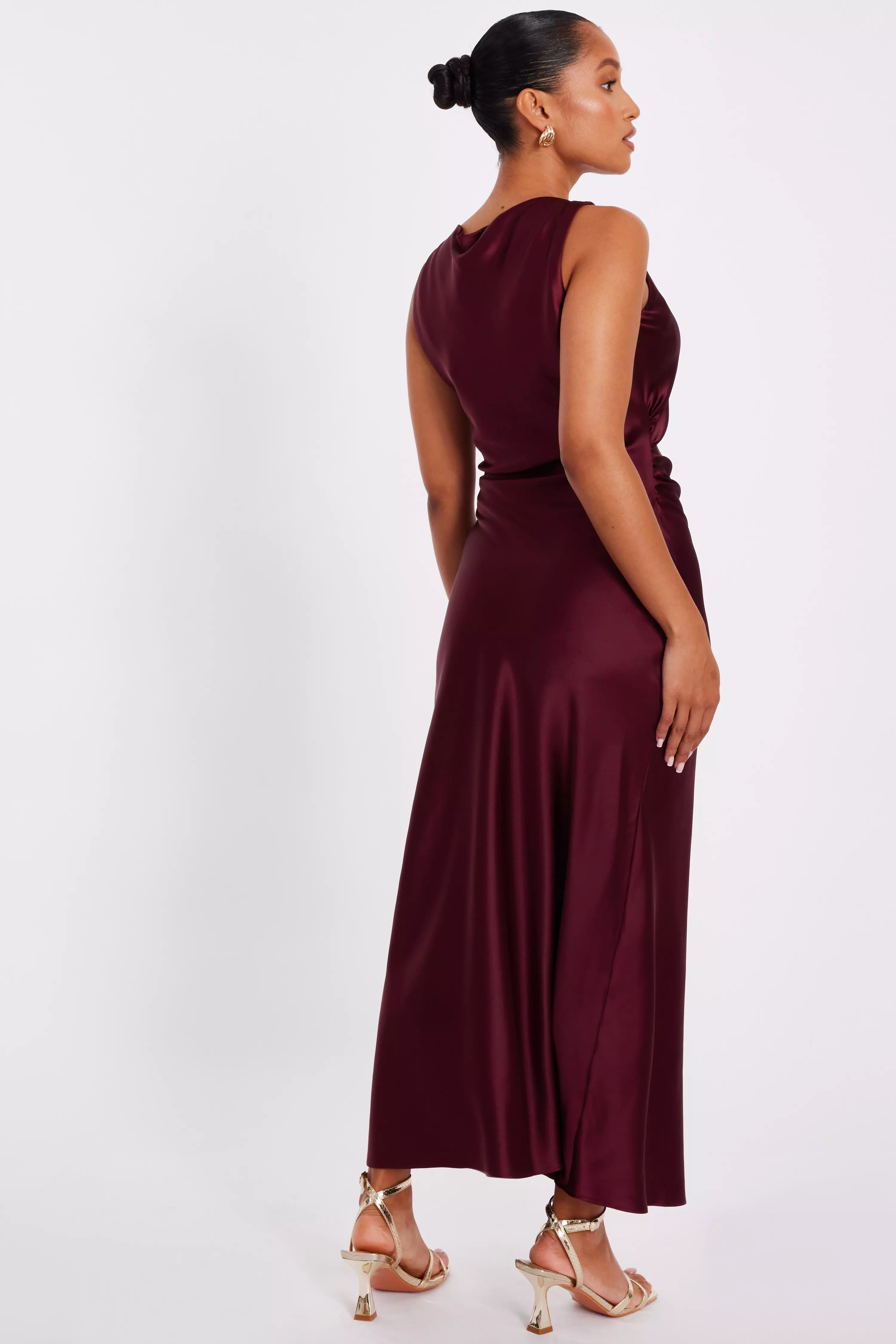 Petite Dark Red Satin Ruched Midaxi Dress