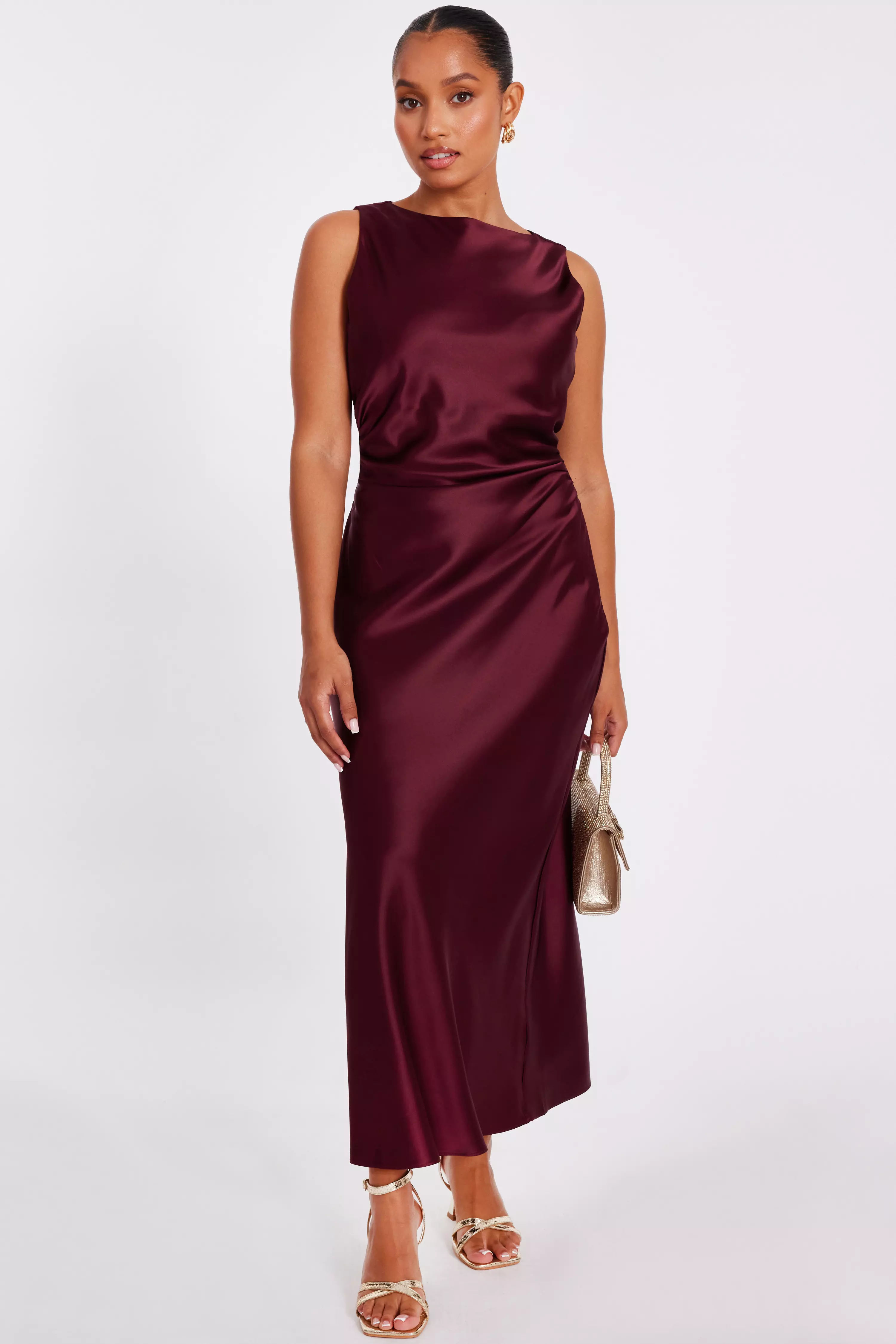 Petite Dark Red Satin Ruched Midaxi Dress