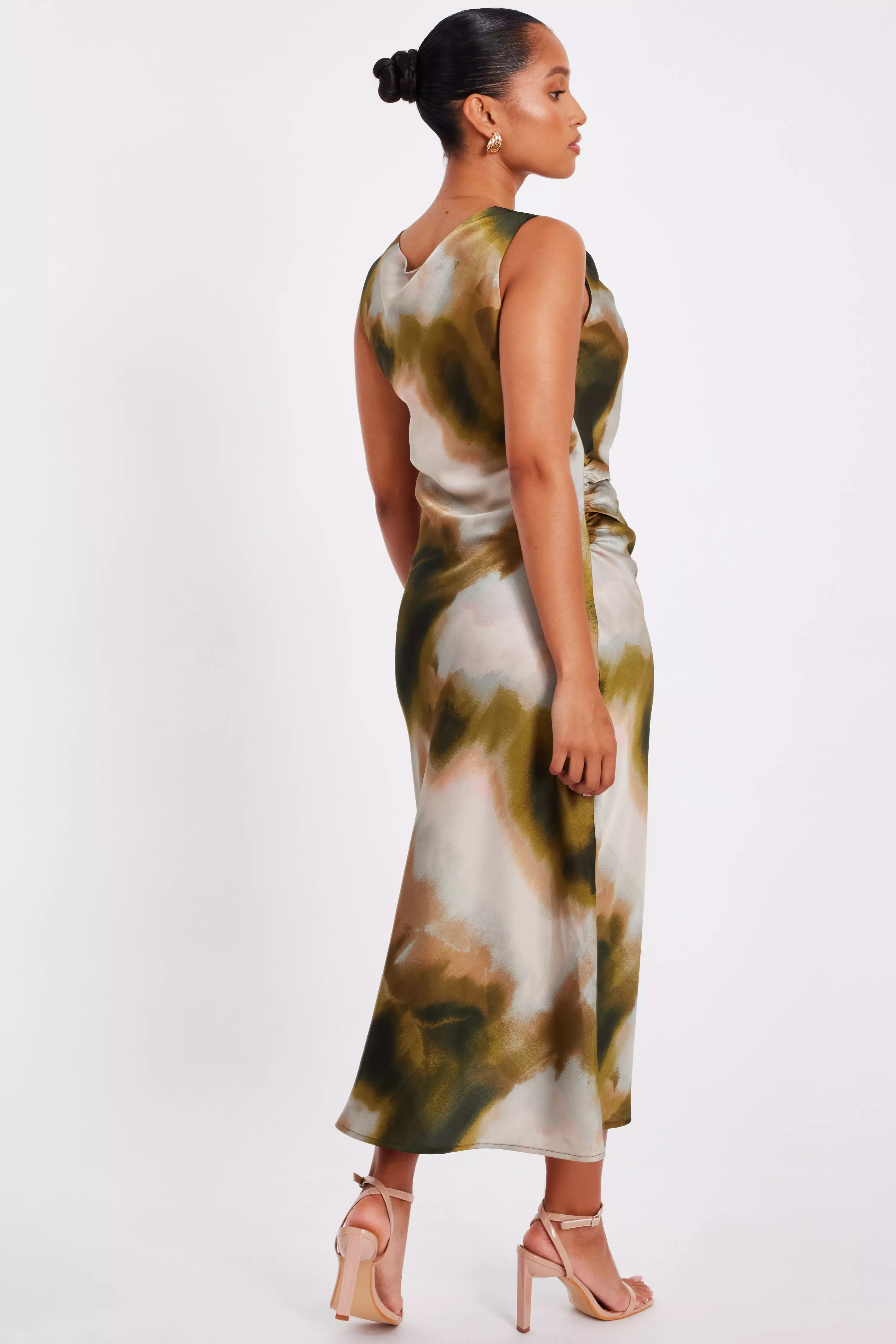 Petite Khaki Satin Printed Midaxi Dress