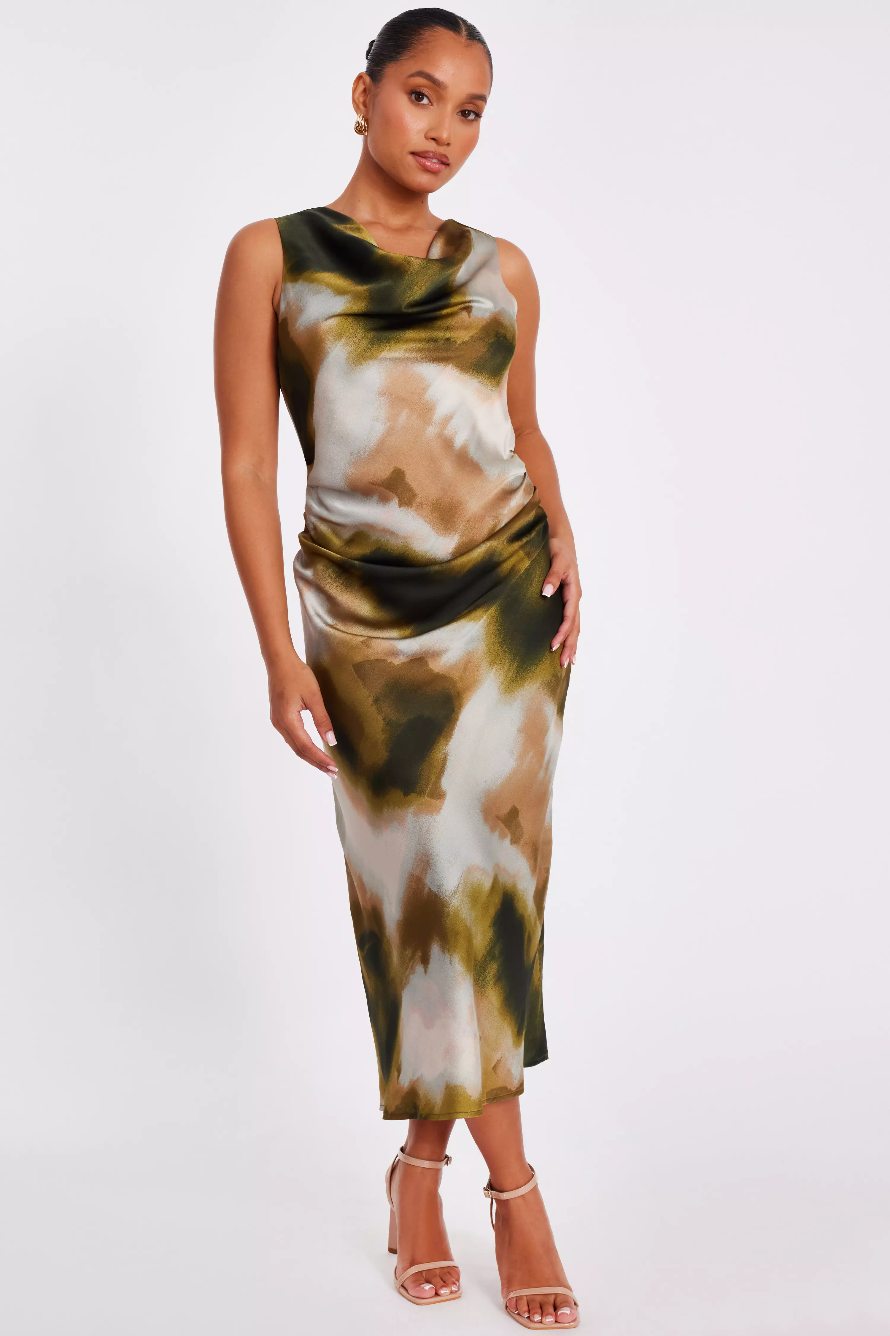 Petite Khaki Satin Printed Midaxi Dress