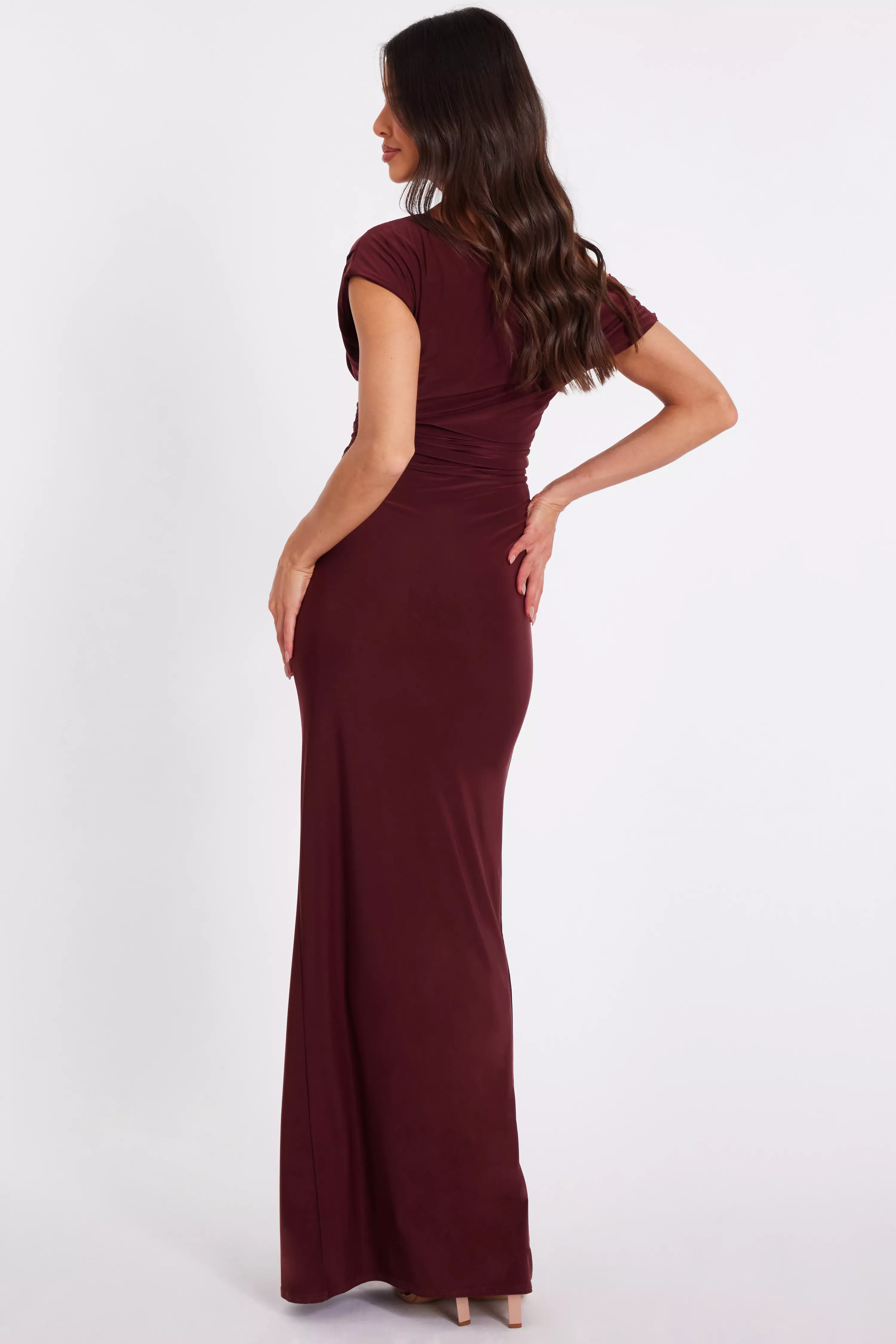 Dark Red Off Shoulder Ruched Maxi Dress