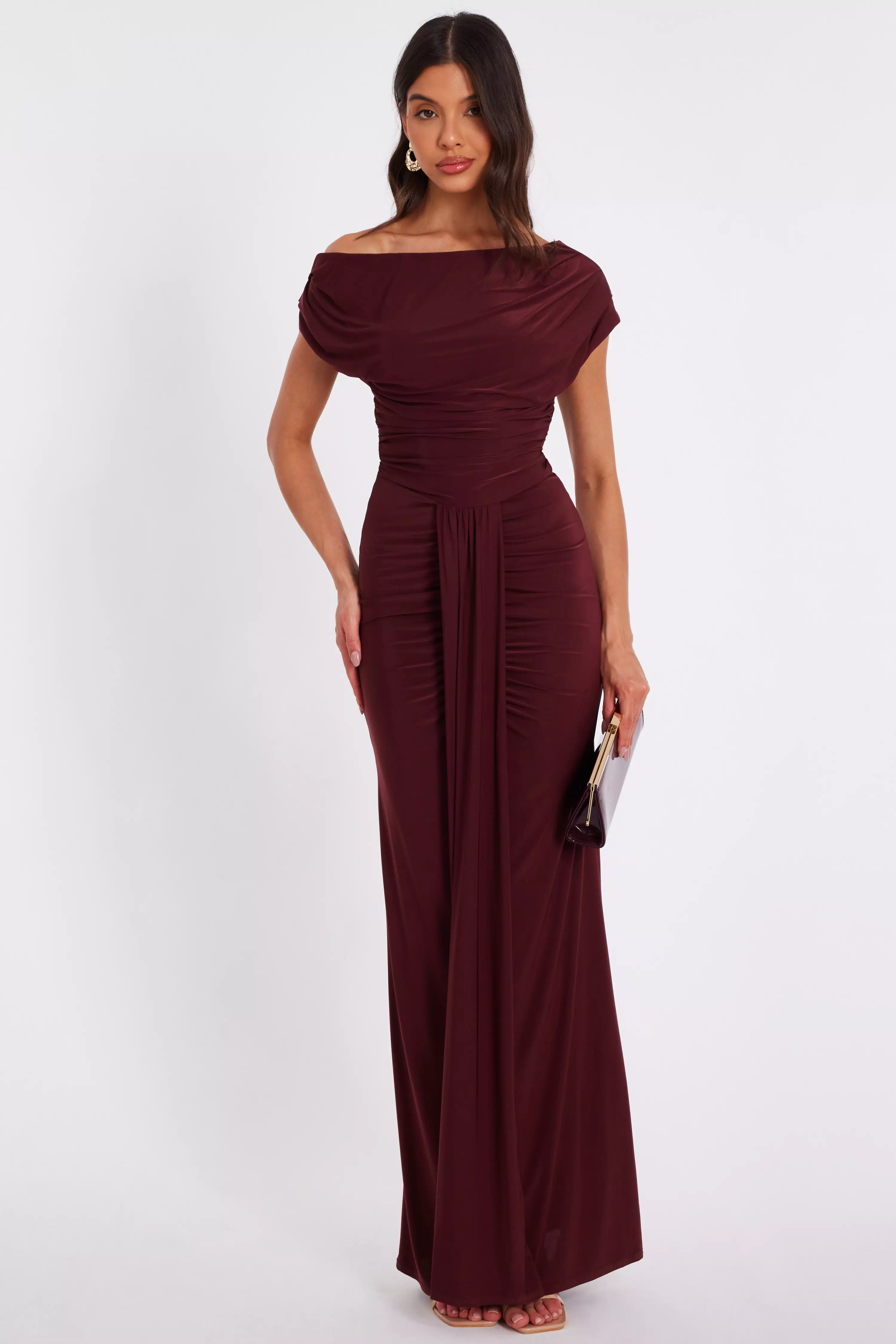 Dark Red Off Shoulder Ruched Maxi Dress