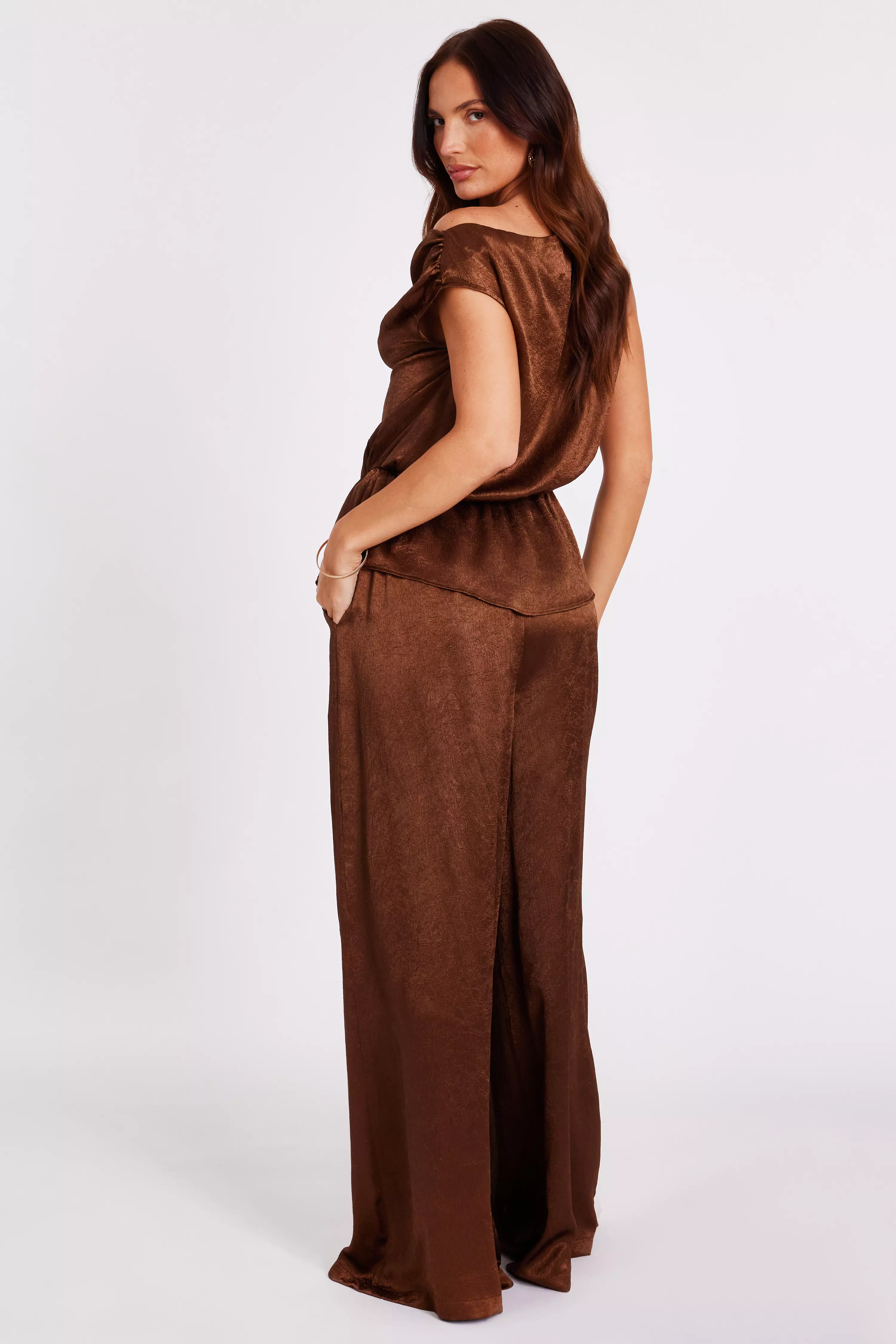Brown Textured Satin Palazzo Trousers