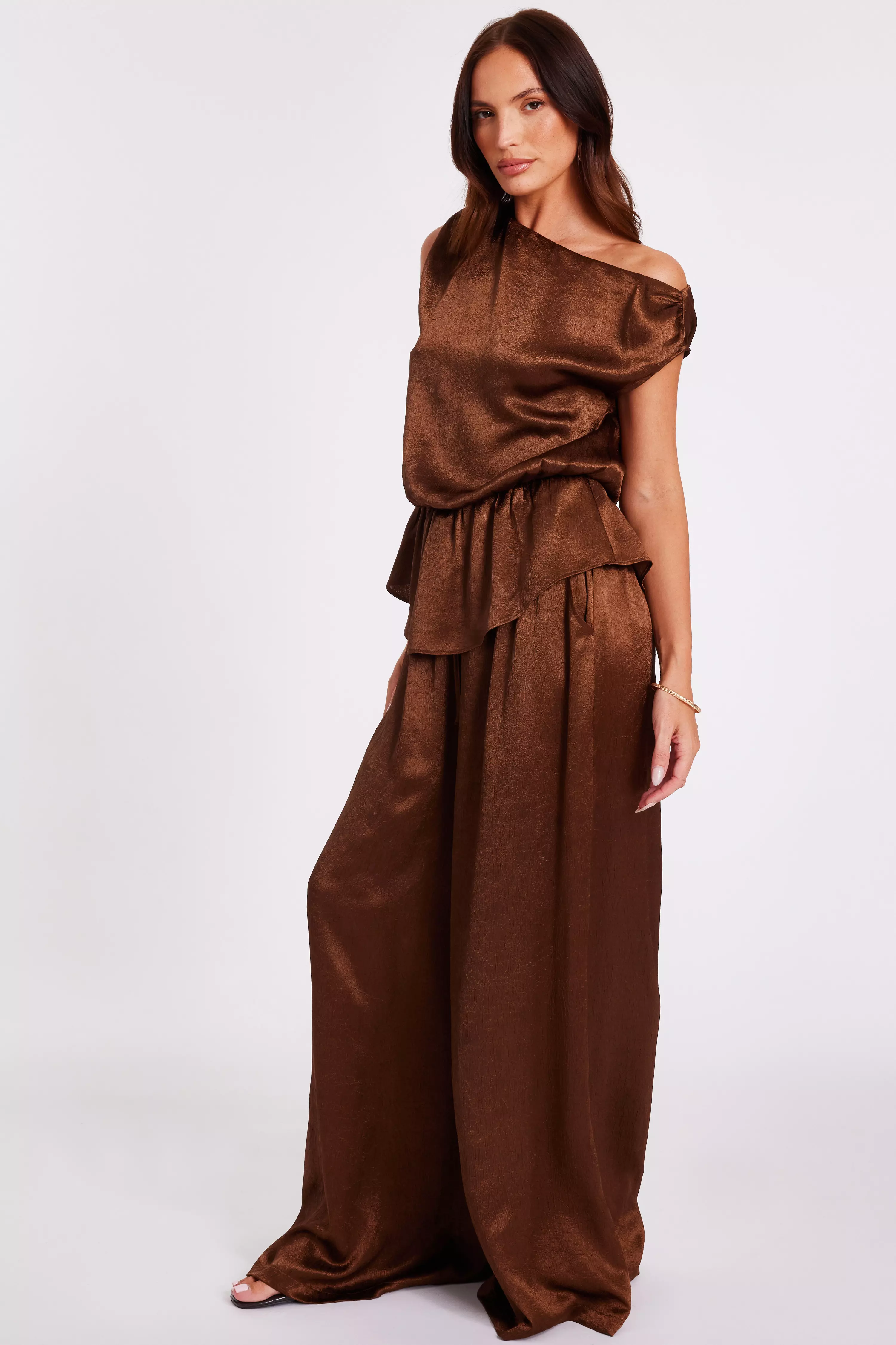 Brown Textured Satin Palazzo Trousers