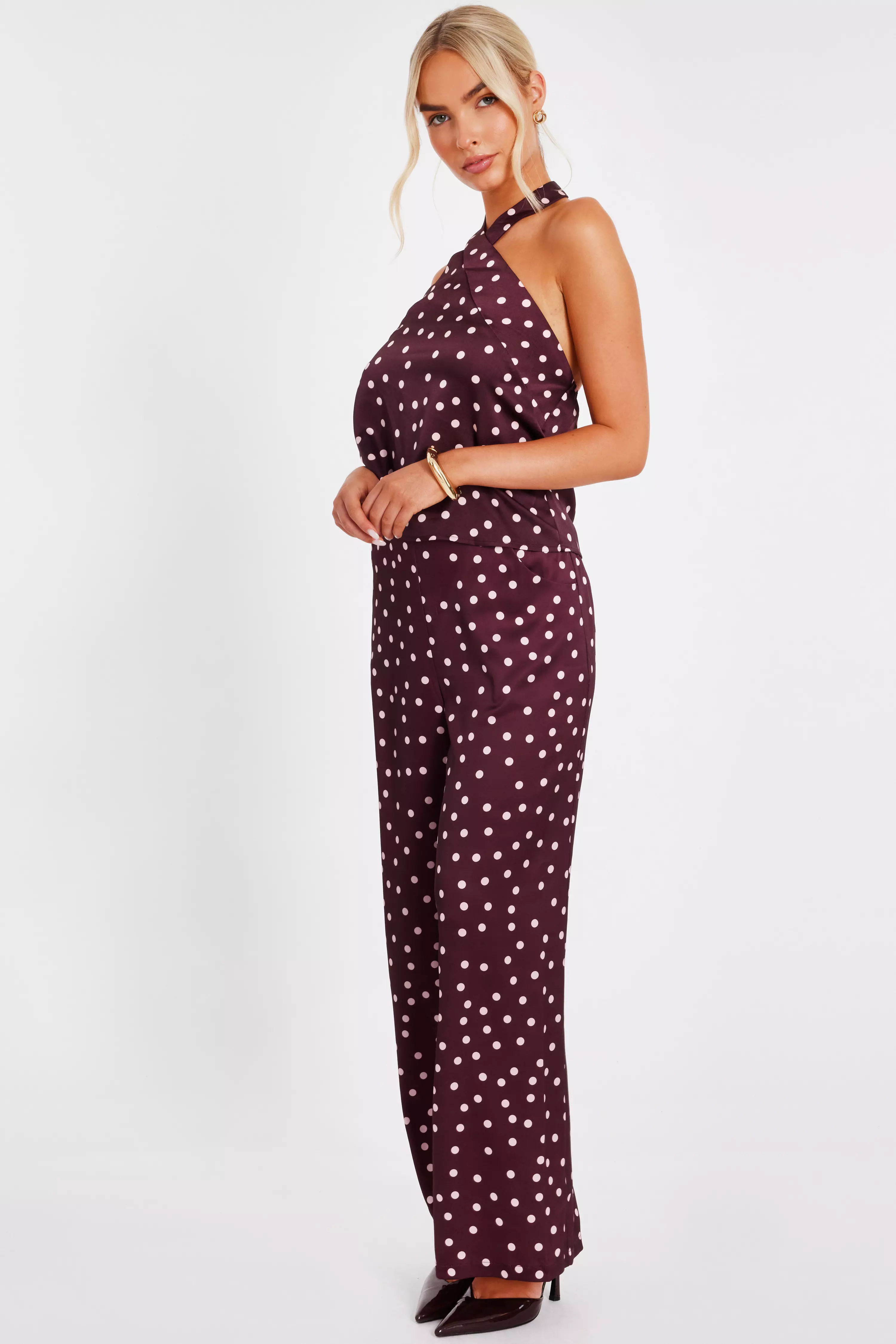 Dark Red Polka Dot Halter Top