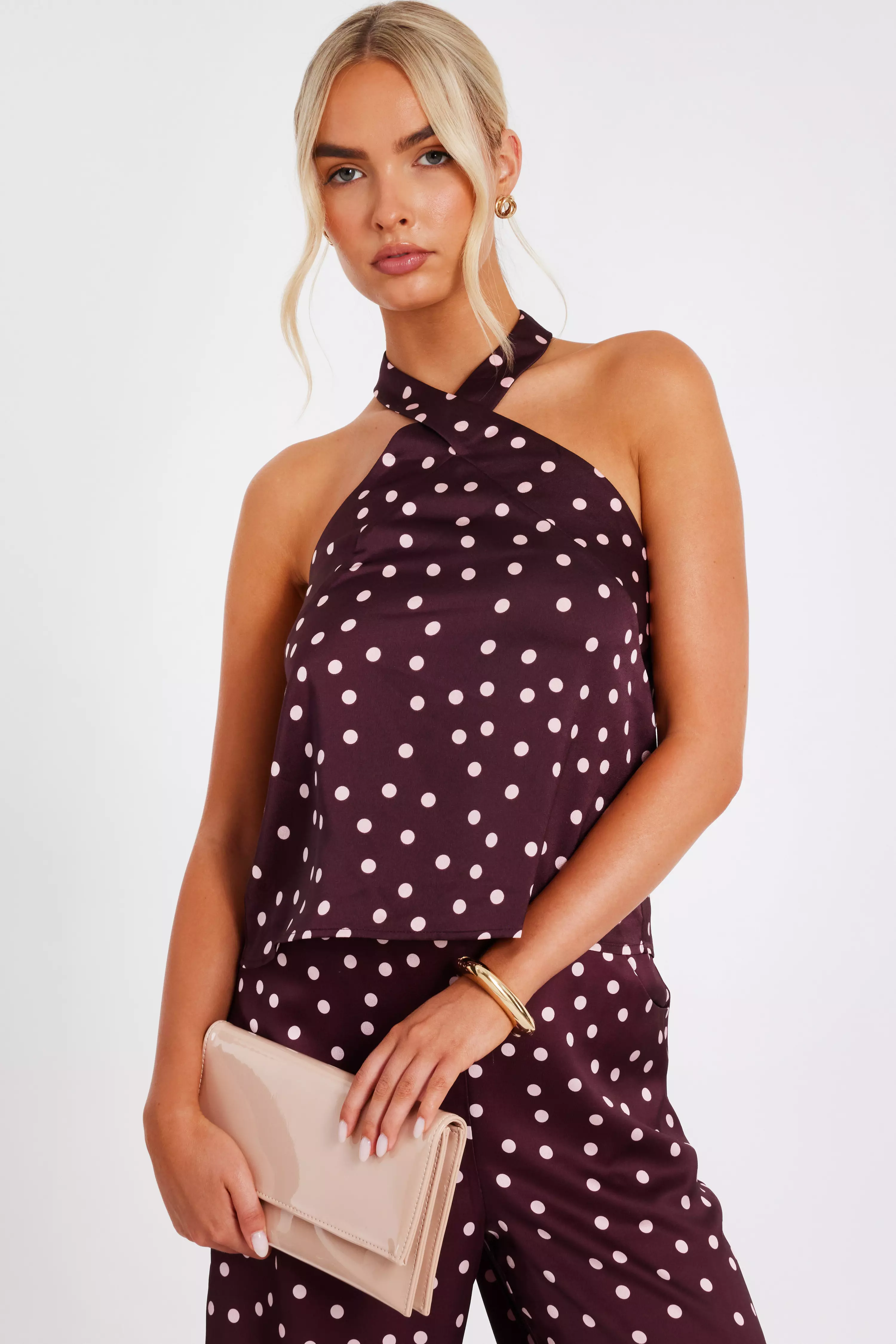Dark Red Polka Dot Halter Top