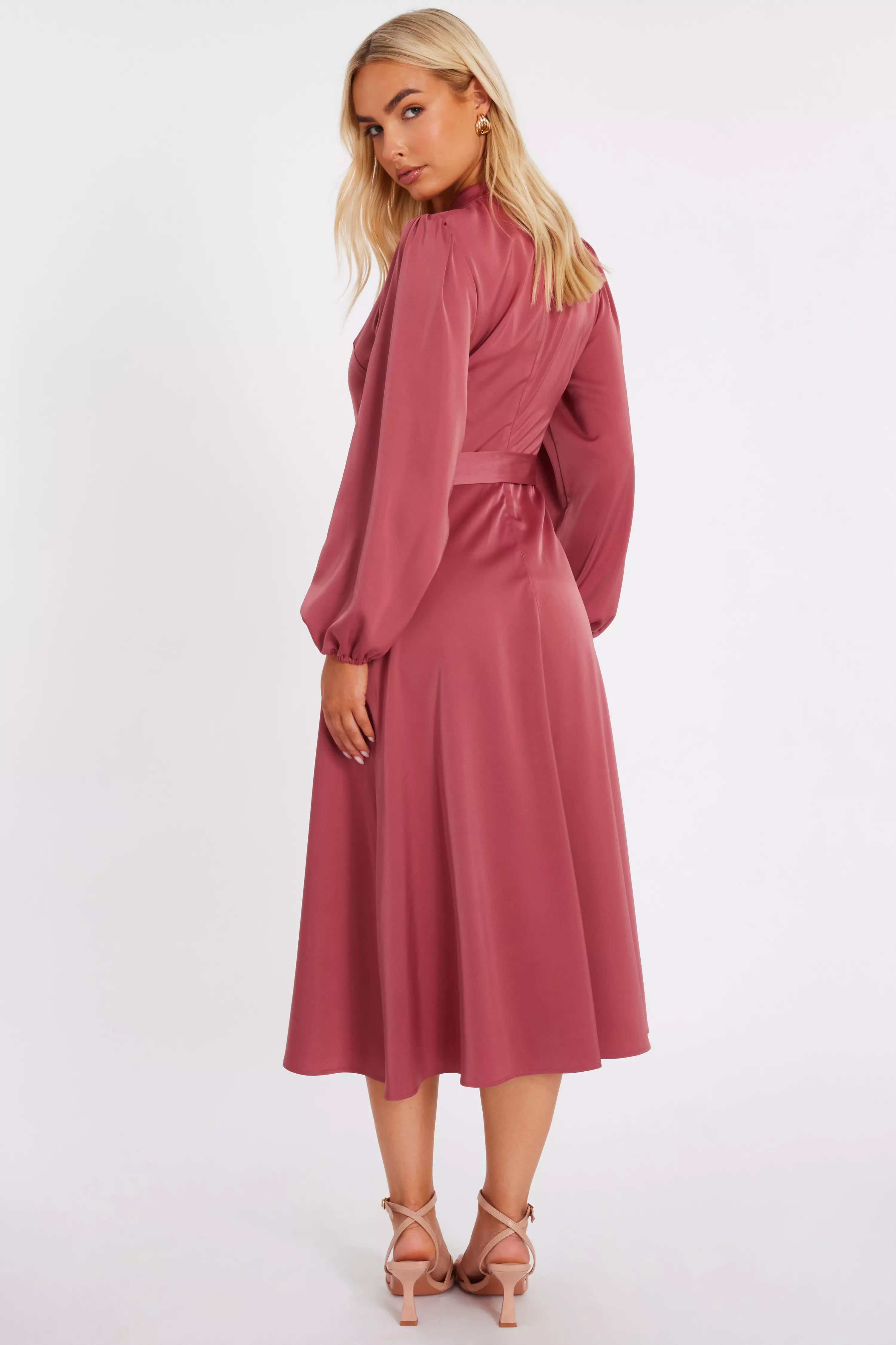Mauve Satin Button Front Midaxi Dress