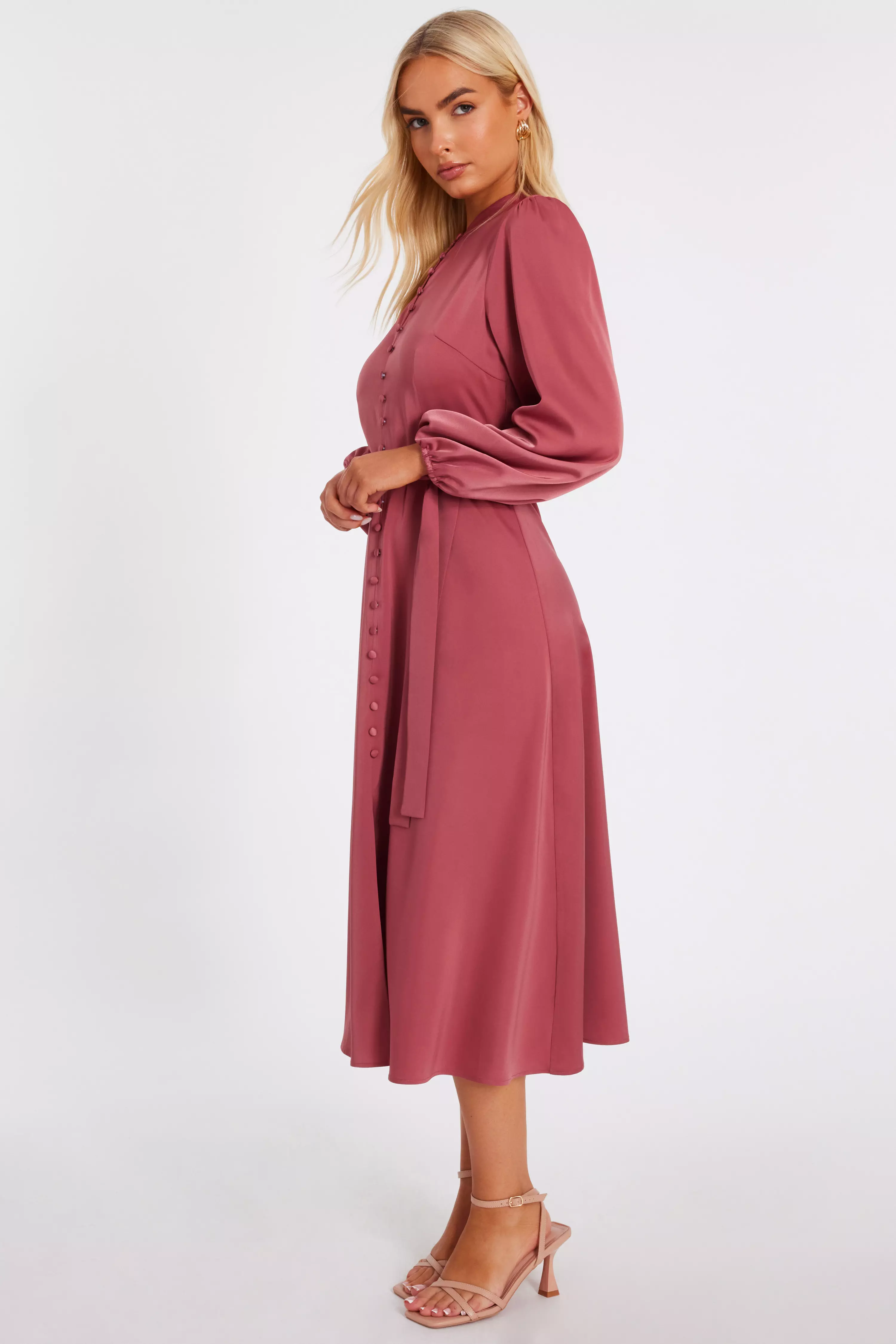 Mauve Satin Button Front Midaxi Dress